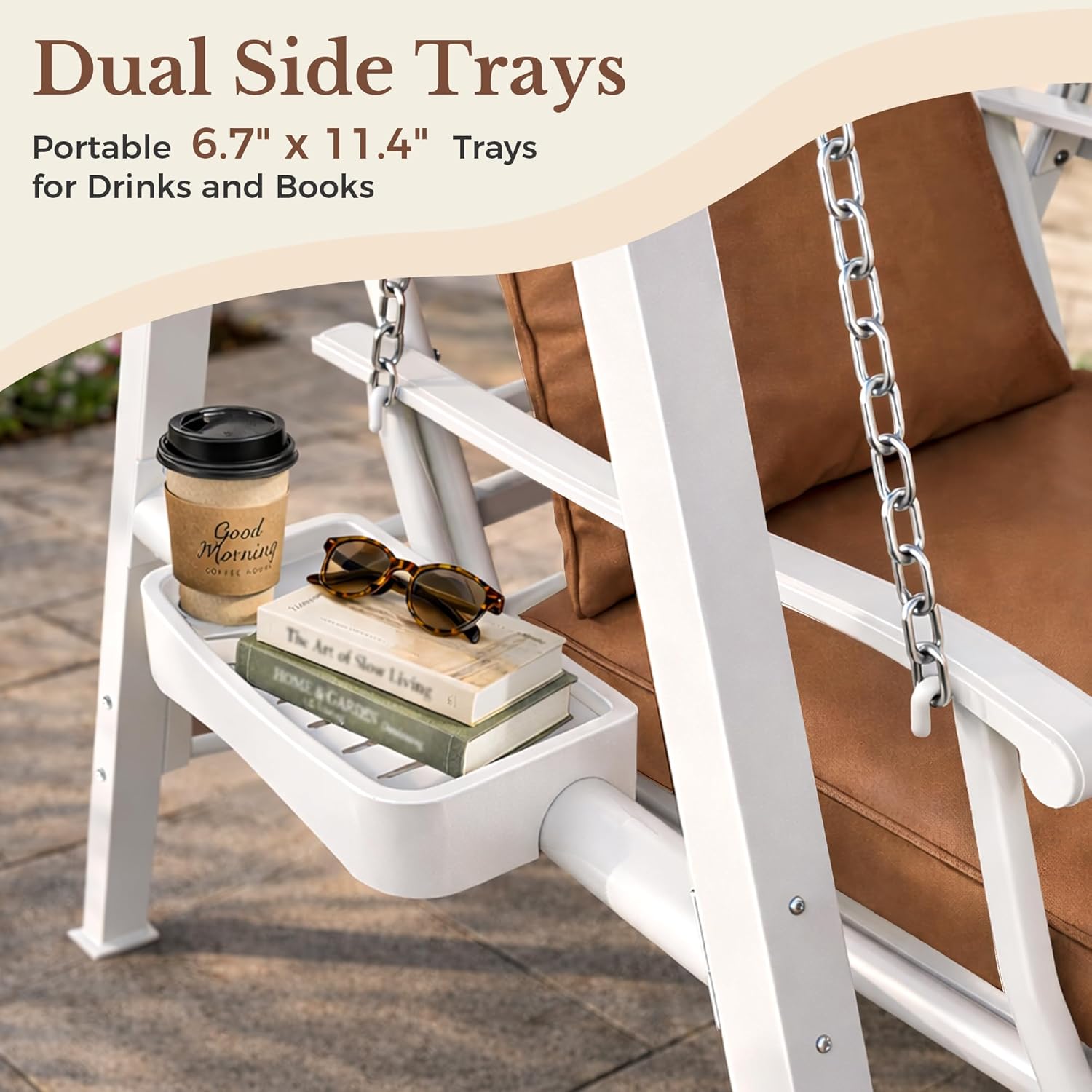 Pamapic Porch Swing with Stand, 350lbs Heavy-Duty Metal Frame Outdoor Swing for Adults with Dual Side Trays, Adjustable Chains, Zippered Removable Cushion for Balcony, Backyard, Garden, White