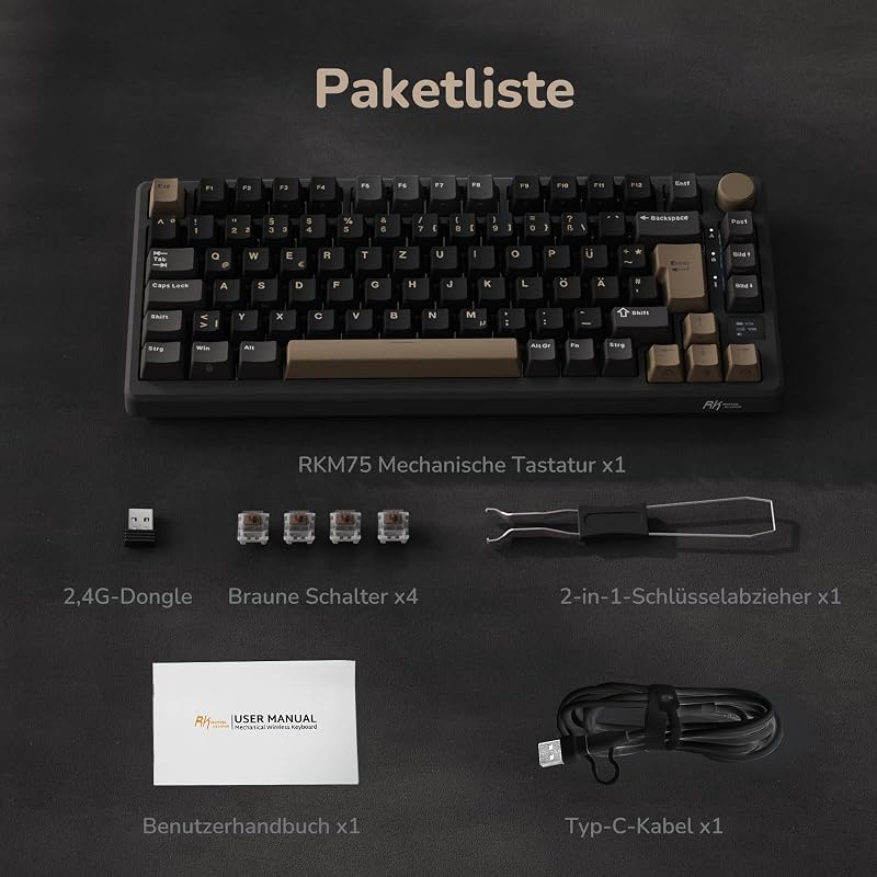 RK ROYAL KLUDGE M75 75% TKL Mechanikus Gamer Billentyűzet, RGB Háttérvilágítás, OLED Kijelző, Hot-Swap Brown Switch, Vezeték Nélküli/Bluetoo