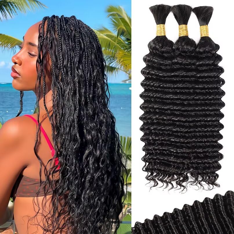 12A Human Braiding Hair for Boho Braids 3 Bundles 14 Inch 100g Deep Wave Braiding Hair for Bohemian Knotless Braids 100% Unprocessed Brazilian Virgin Bulk Hair Extensions No Weft Natural Color
