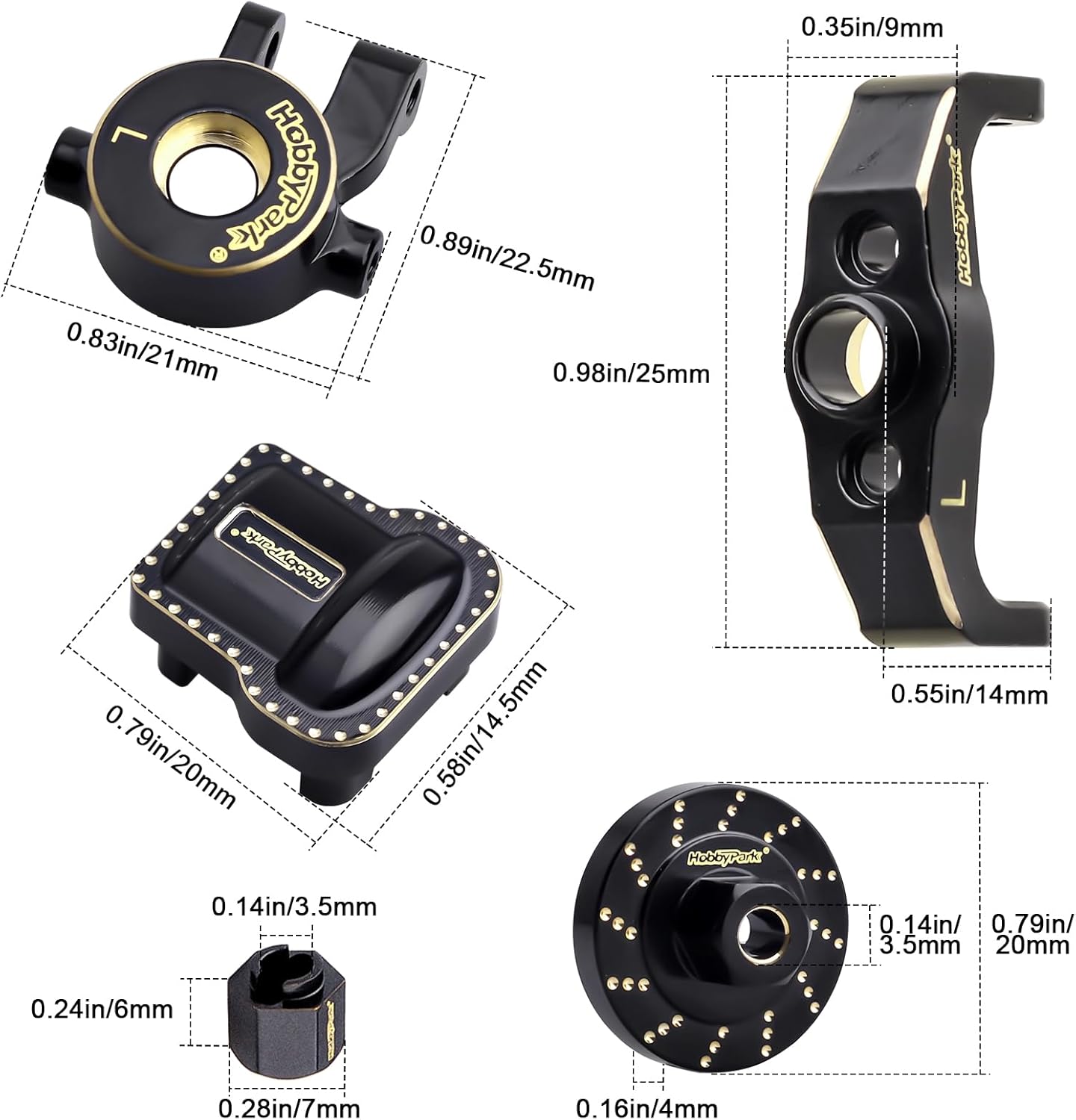 HobbyPark Brass Diff Covers Steering Knuckles Caster Blocks C-Hubs Extended Wheel Hex Spacers Wheel Weights for 1/18 Traxxas TRX4M TRX4MT Upgrades Replacement