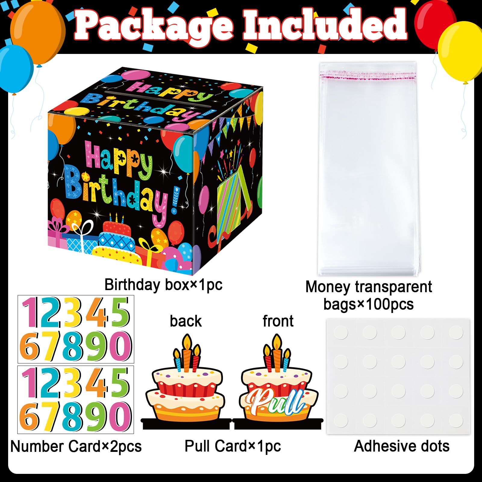 ZOIIWA Birthday Money Box with DIY Cutouts for Kids Party Decoration Colorful Surprise Gift Box with Pull Out Card for Girls & Boys Party Supplies