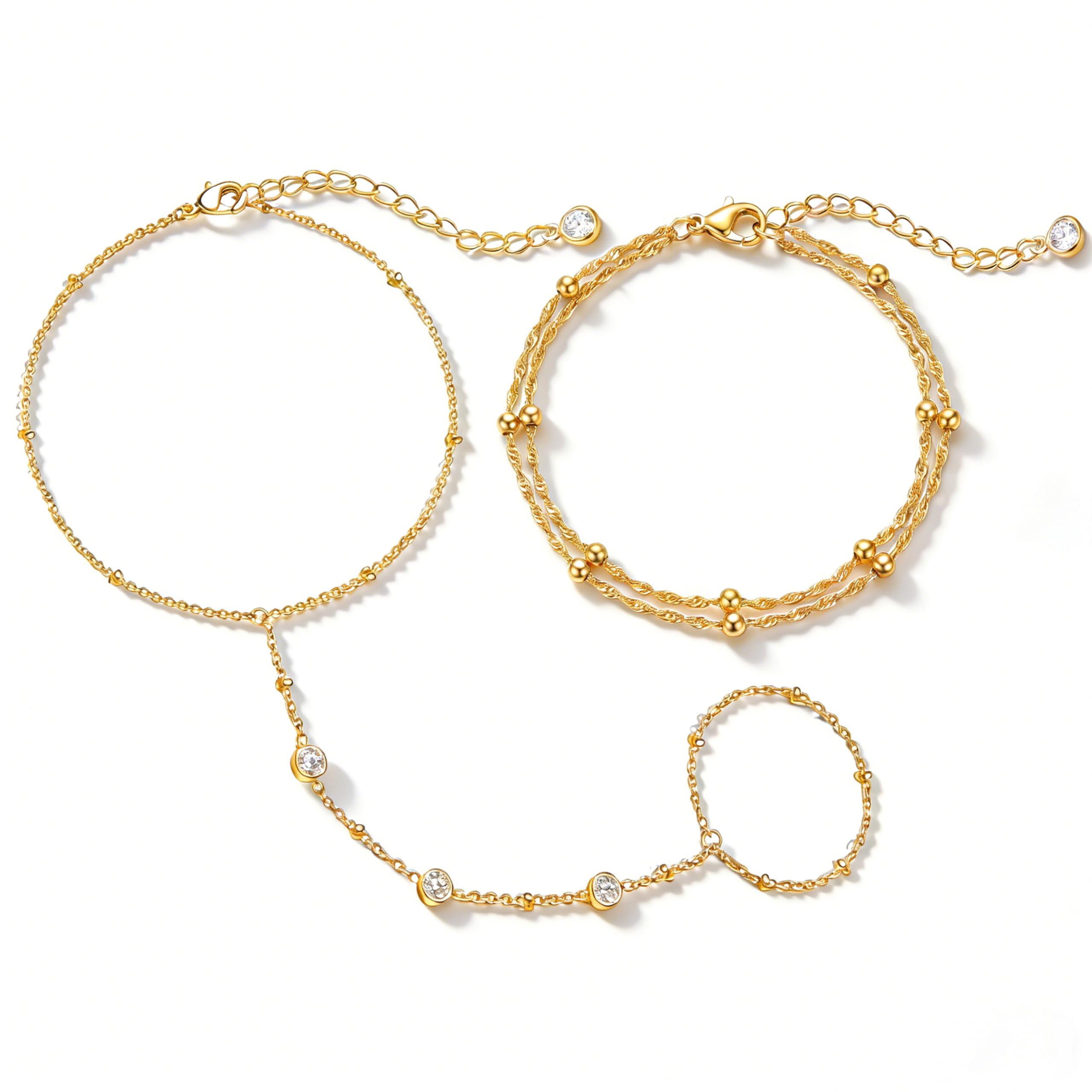 Gold Bracelets for Women, 14k Gold Plated Hand Chain Bracelet, 2 Pcs Ring Bracelets for Women Trendy Dainty Cubic Zirconia Bracelet Ring Bracelet Hand Jewelry Adjustable 6.3'+2'