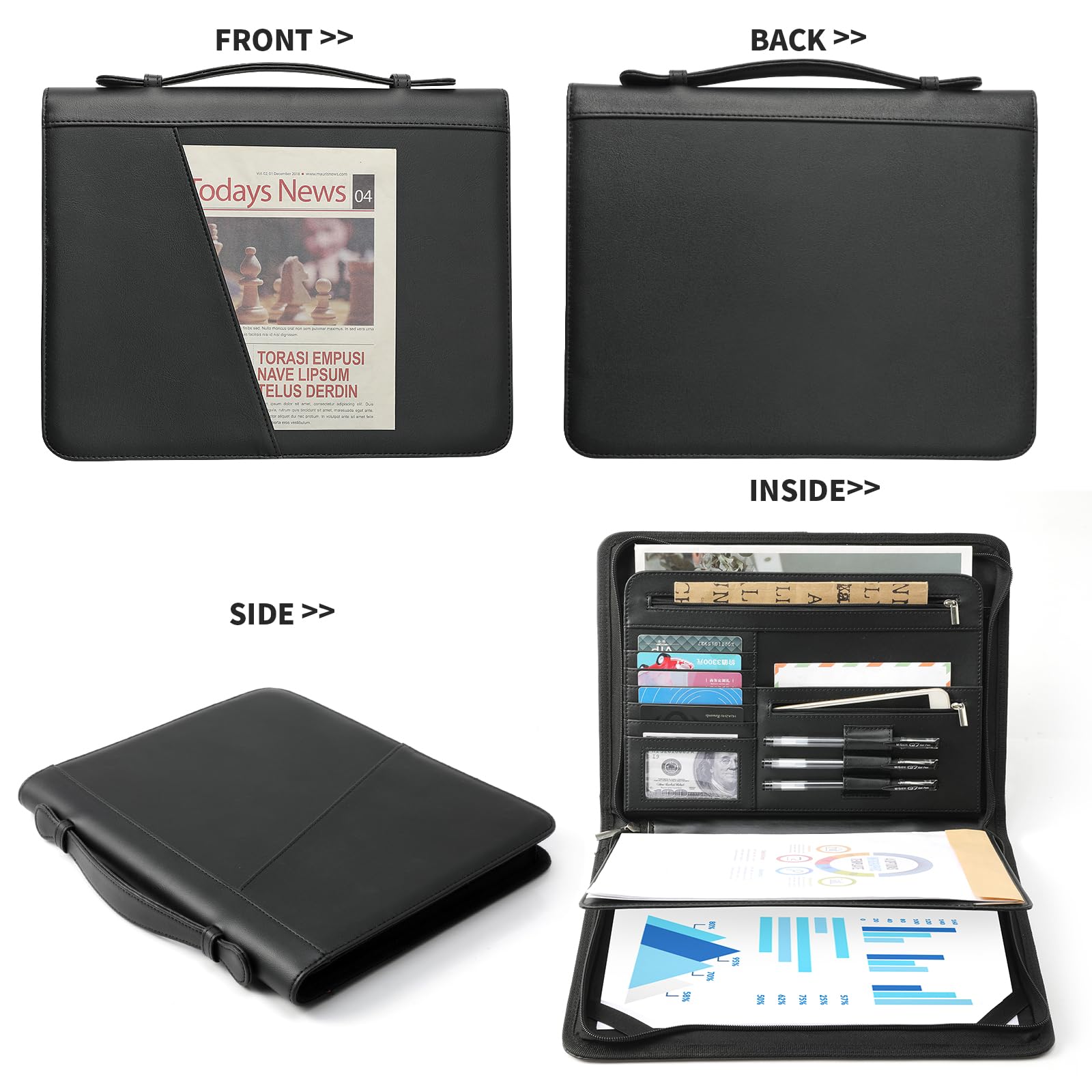 Ringsun Genuine Leather Portfolio Binder With Zipper For Men Women