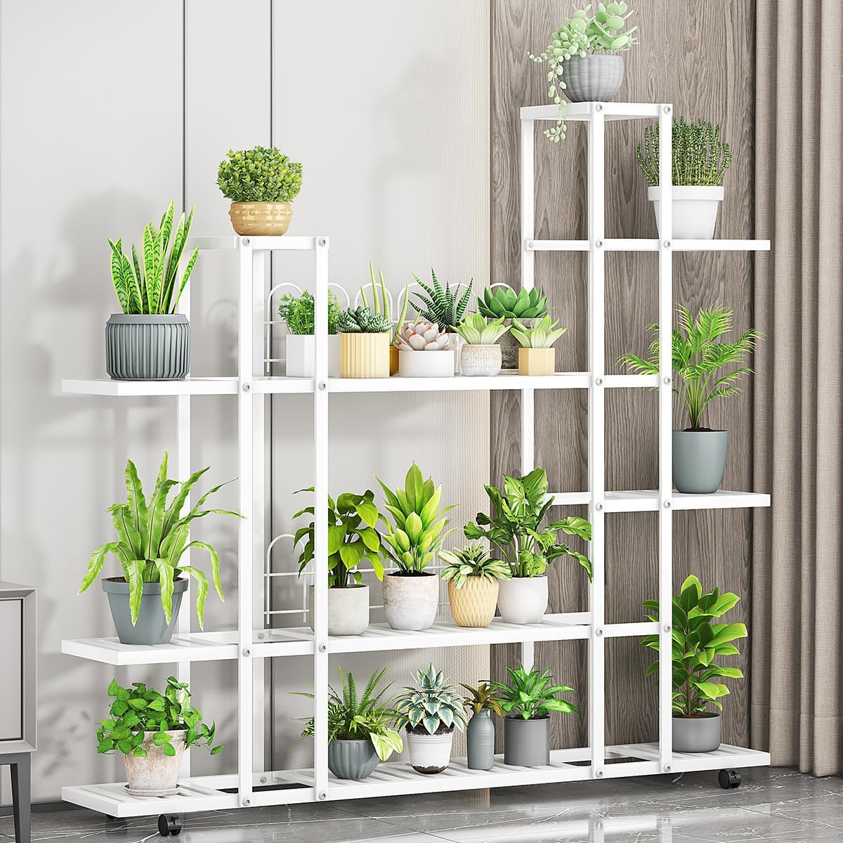 Support pour Plantes 11 Niveaux en métal,Étagère à Plantes intérieur sur 4 Roulettes Amovibles,Rangement pour plantes/présentoir à plantes pour jardin,balcon,parlor(120X114X26cm,Blanc)