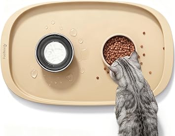 FEELNEEDY Silicone Cat & Dog Food Mat Waterproof, High Raised Edges for Leakage Protection, Dog Mat for Food and Water, Non-Slip Drip Tray, Easy Clean 18 * 12 * 0.5 inches Feeding Pad Small, Beige