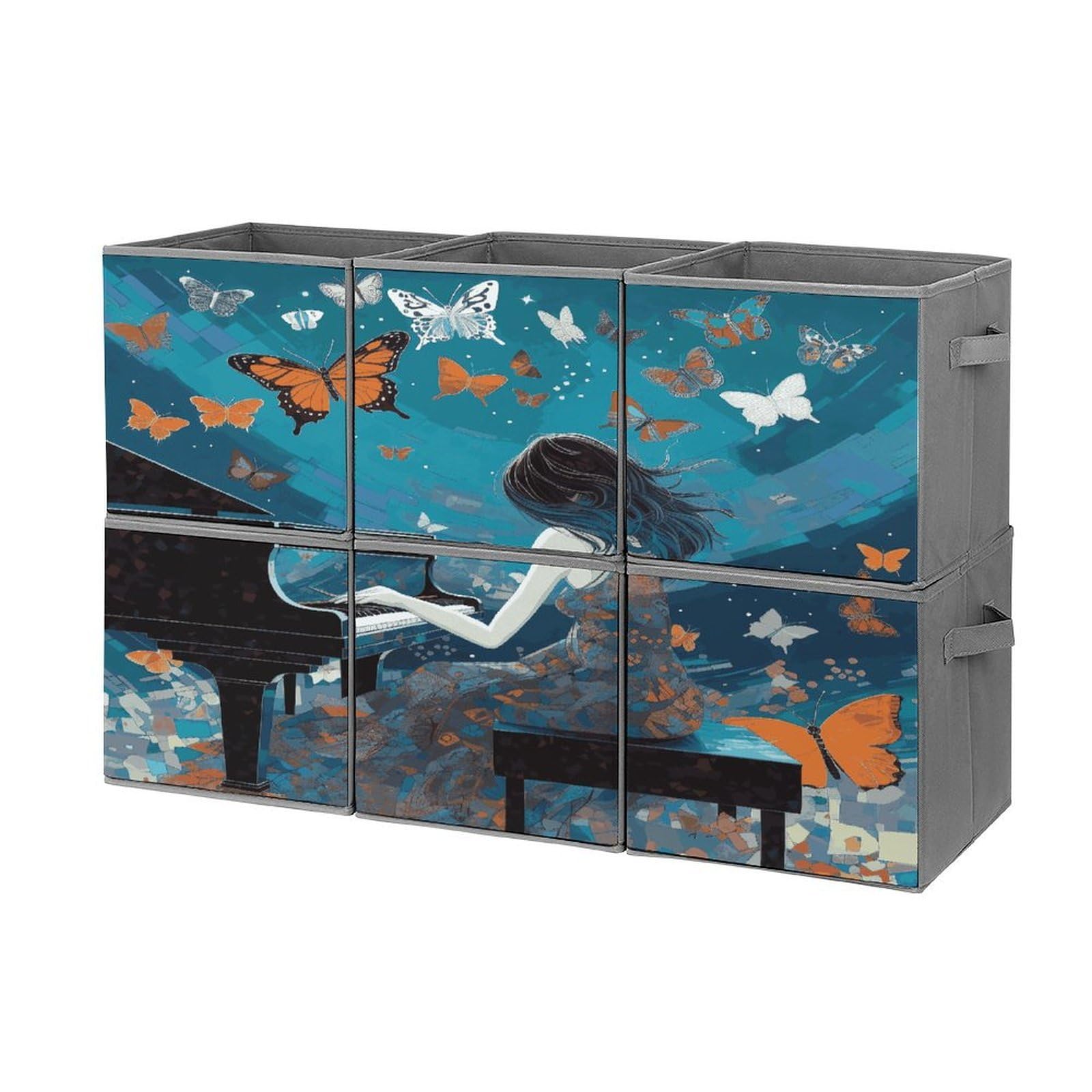 Fekiloot Girls Style Playing Piano Storage Bin For Foldable And Handles,Closet Organizer Of 6-Pack Stackable,Storage Box For Living,Room, Office,Bedroom,Closet