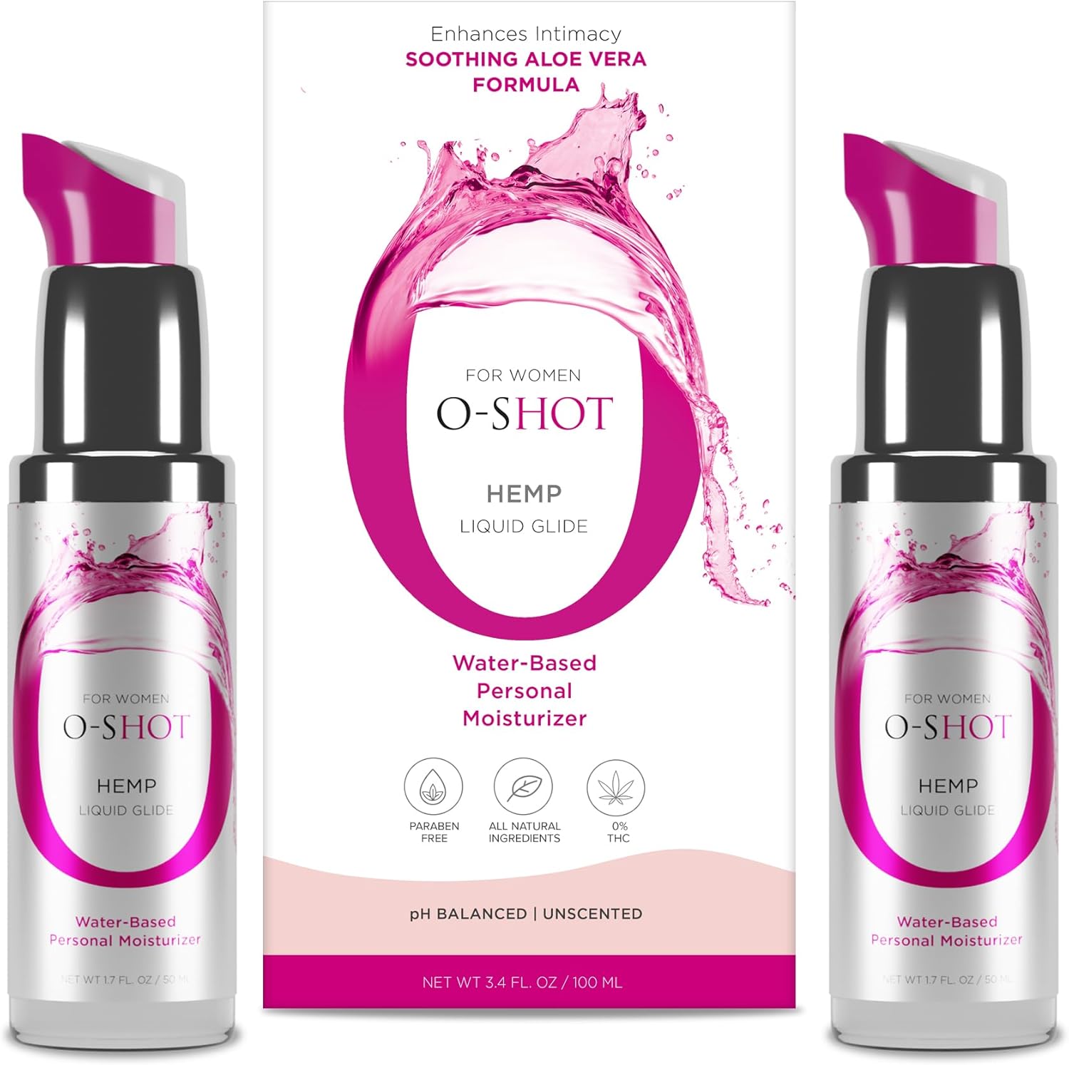 O-Shot Hemp Liquid Glide, 2-Pack | Water Based, w/Aloe, Paraben & Fragrance Free | Intimate Moisturizing Feminine Lube | 50ml Each Bottle