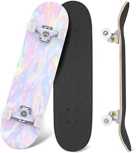 Miniatura 3 de Patinetas holográficas sin costuras con estampado de acuarela rosa, lila, morado, azul, amarillo, para principiantes, 31 x 8 pulgadas, tablas
