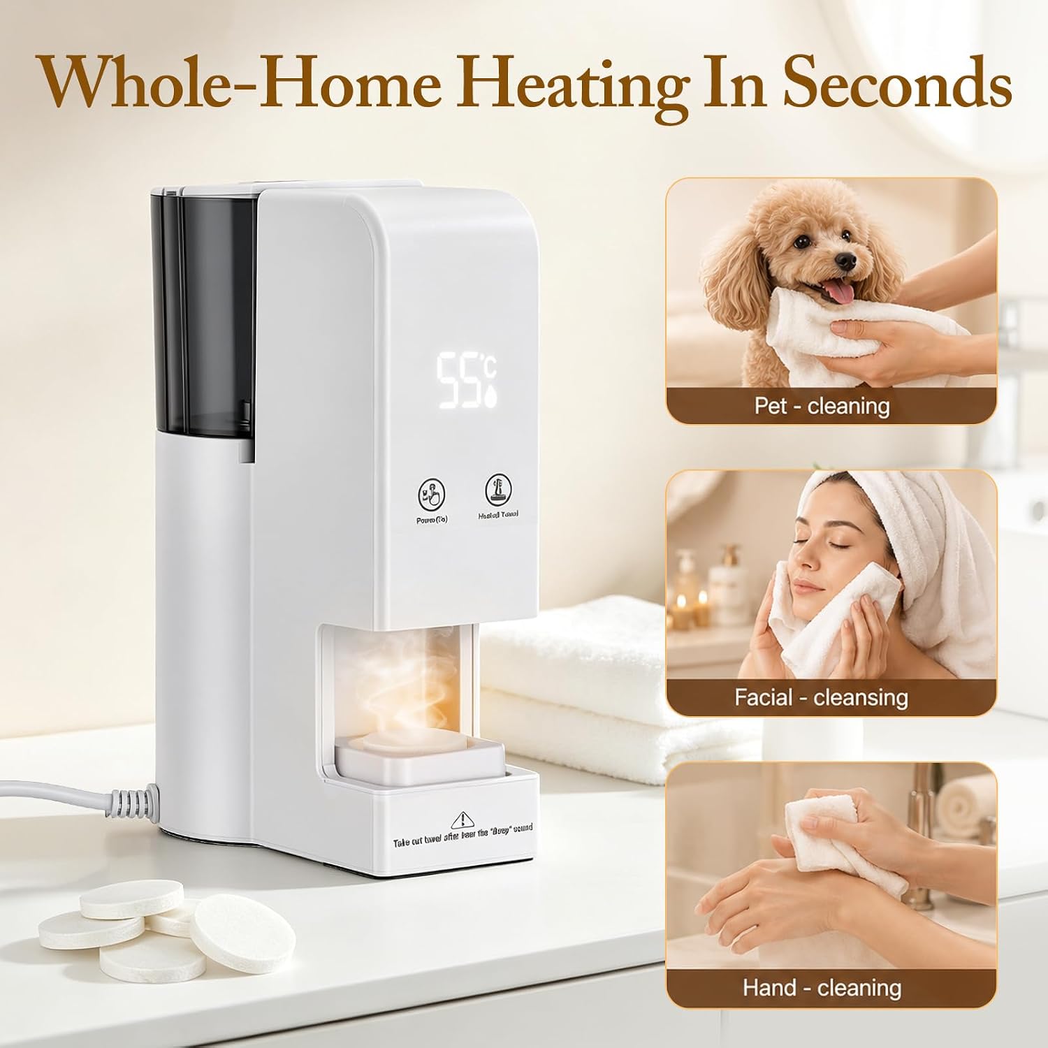 Hot Towel Dispenser Machine for Face, 5s Fast Heating Towel Warmer Heater, 131°F Constant Temp, 80 Compressed Towels, One-Touch Auto Dispense, Safety Lock and Quiet Pump for Home Spa and Skincare