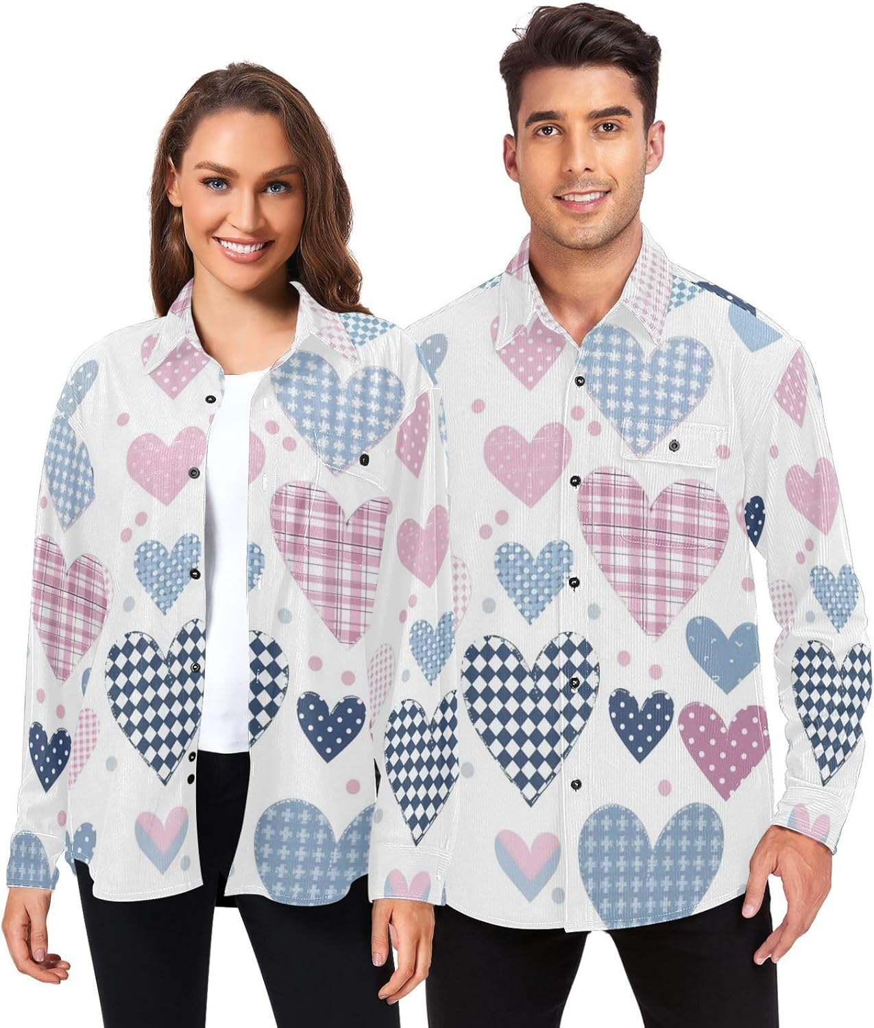 Red and Blue Valentine Love Woolen Cord Fabric Mens Rugby Shirts Long Sleeve for Women Hawaiian with Pockets
