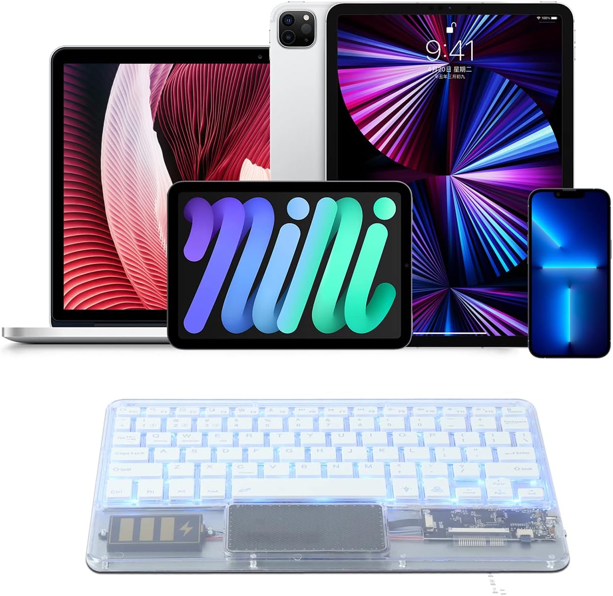 Ultra-Slim Bluetooth Keyboard 7 Colors Backlit Portable Mini Wireless Keyboard Rechargeable for Apple iPad iPhone Samsung Tablet Phone Smartphone iOS Android Windows-Transparent