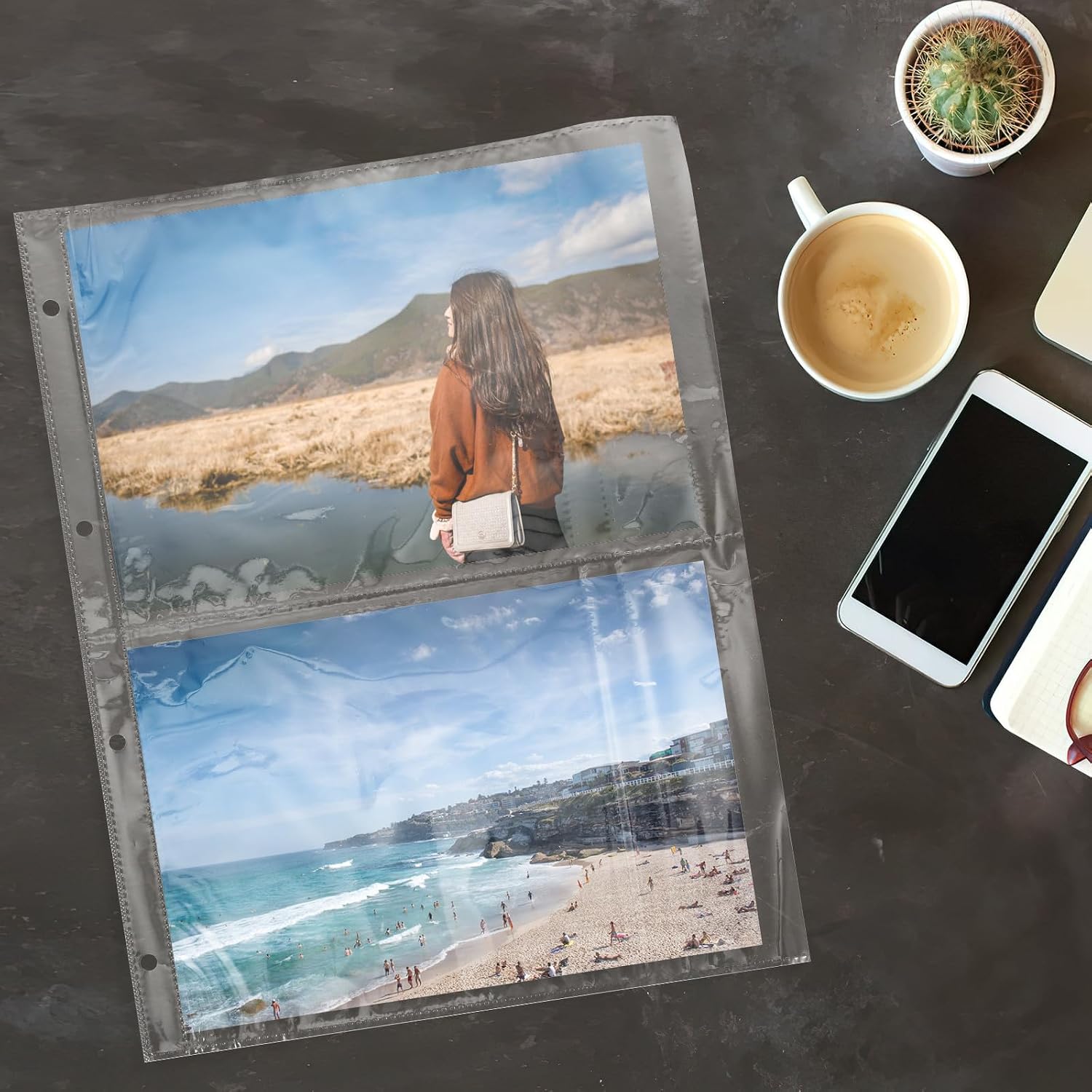HOMSFOU 50pcs Reusable Photo Sleeves for Card Storage Looseleaf Six Holes Photo Album Pages with Convenient Postcard Pockets Made of Sturdy Pp Material Protective Film and Id Cards
