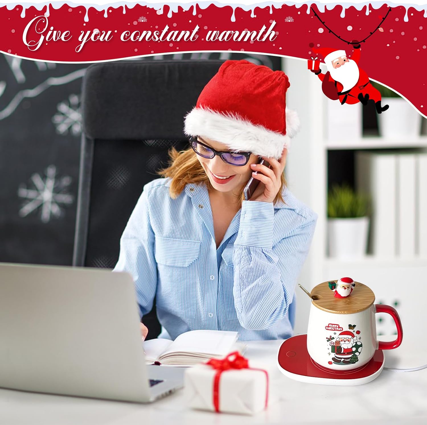 Christmas Coffee Warmer with Mug Set, Coffee Cup Warmer Coffee Mug Warmer with Auto Shut Off for Desk Home Office, Coffee Gifts Xmas Gifts for Coffee Lovers Mom Her Wife Girlfriend Daughter