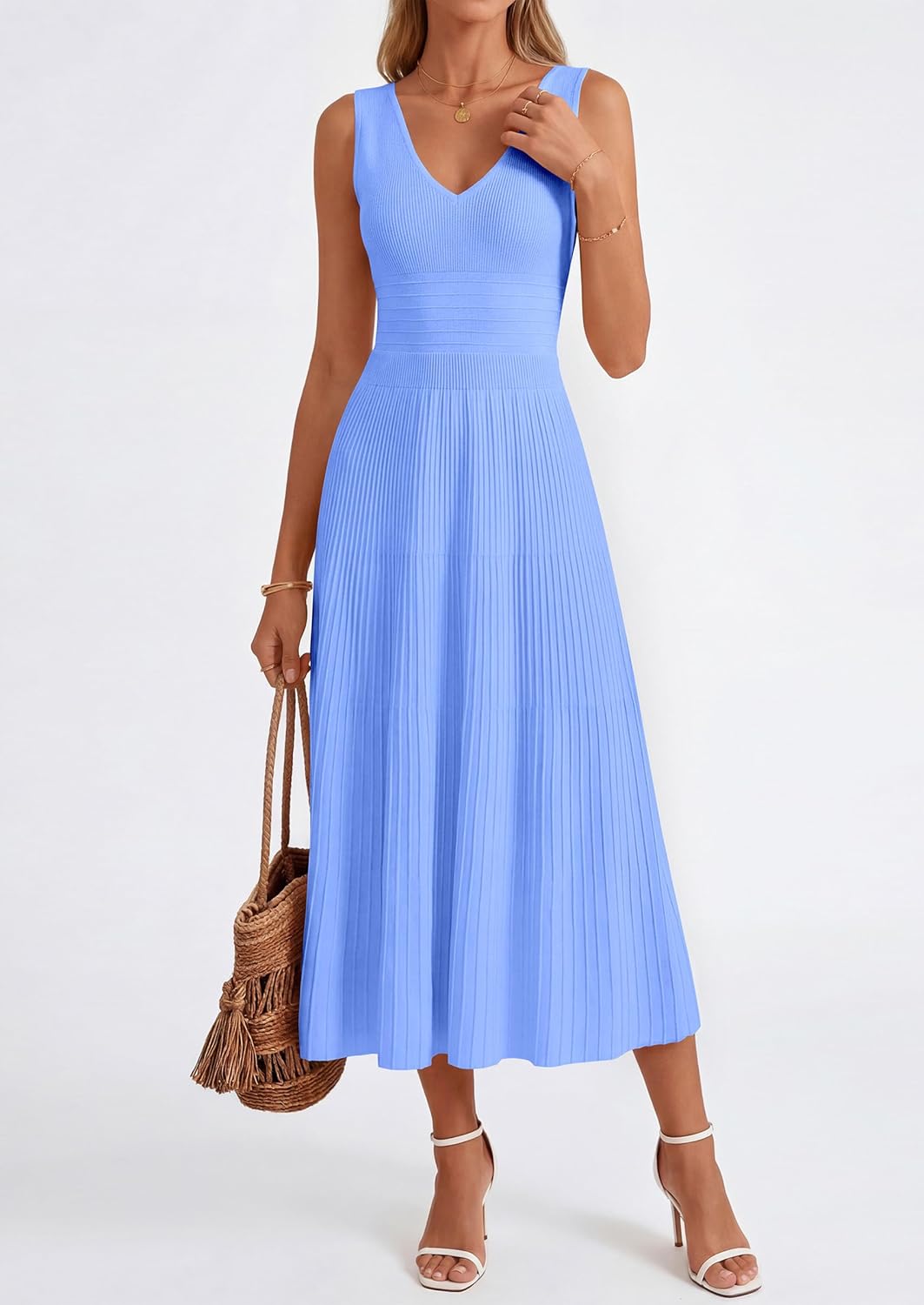 PRETTYGARDEN Summer Dresses for Women 2026 Spring Sleeveless V Neck Knit A Line Casual Midi Cocktail Wedding Guest Dress - Image 8