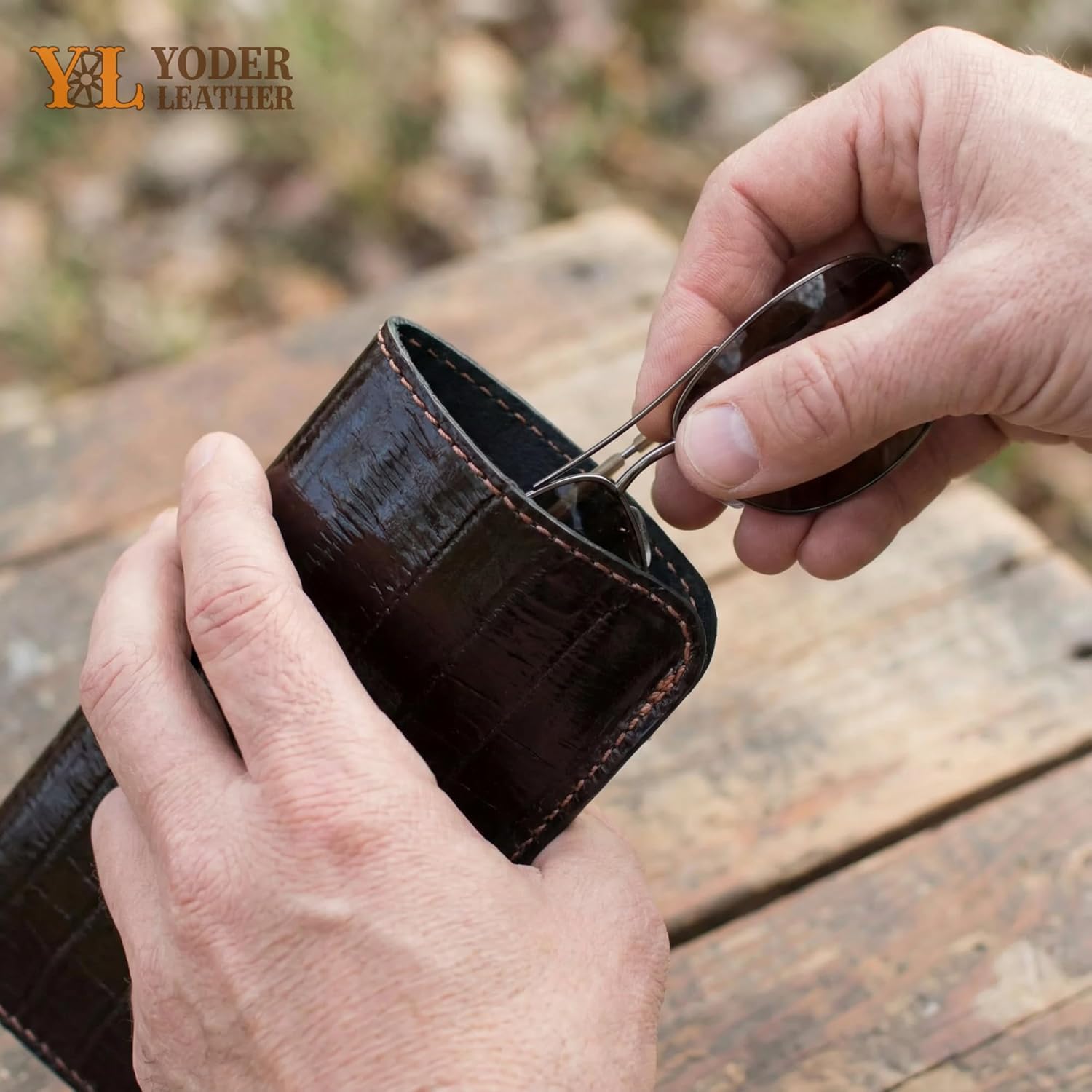 Yoder Leather Company Genuine Pacific Eel Skin Leather Eyeglasses Case, Slim Sunglasses Pouch