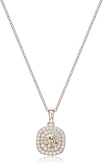 925 Sterling Silver 14K Rose Gold Plated Champagne & White Cubic Zirconia Cushion-Shaped Double-Halo Pendant Necklace and Ring - Hypoallergenic Jewelry for Her, 18" Chain, Size 7