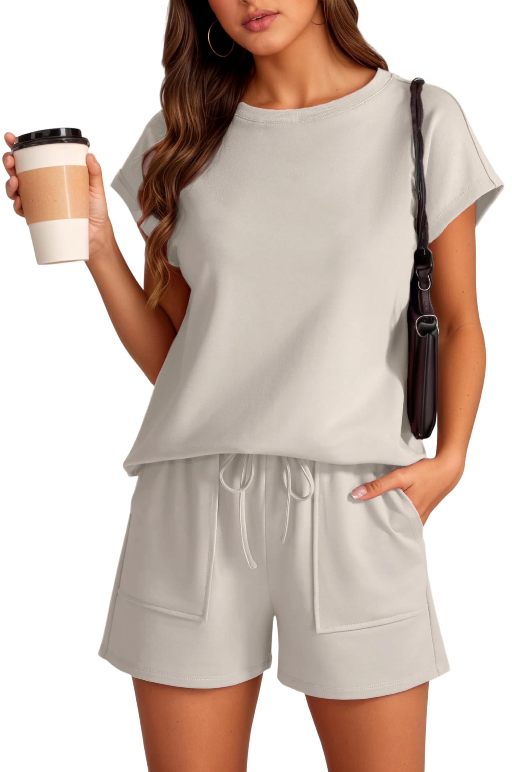 Timuspo Zweiteiler Damen Sommer Casual Lockere Trainingsanzug Einfarbig Sportanzug Rundhals Flügelärmel Kurzarm und Elastischer Bund Shorts mit Taschen