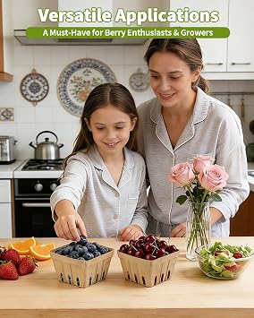 30 Pack Natural Pulp Fiber Berry Basket (4.3x4.3x2.75 Inch), Natural Pulp Produce Baskets & Berry Containers, Vented Strawberry Baskets for Farmers Market Decor, Grocery Store and Kitchen Display
