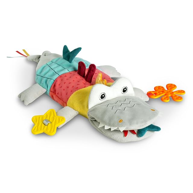 Fehn marioneta de mano cocodrilo, peluche con sonajero, papel susurrante, mordedor y chirriador