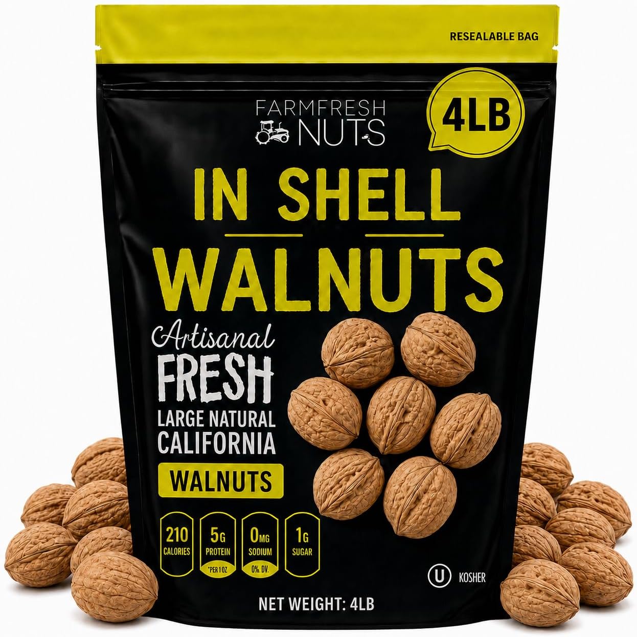 - In Shell Walnuts (4 Lbs.) - Large Natural California Walnuts - Great Source of Omega 3 - Fresh New Crop - Bursting with Flavor - Farm Fresh Nuts Brand