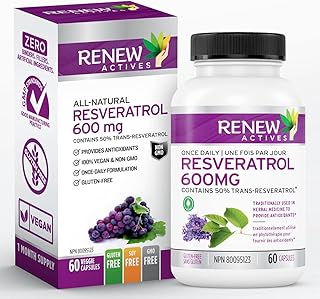 Renew Actives High Potency Optimized Resveratrol Supplement: 600mg Natural Resveratrol Complex Supplements with 50% Trans Resveratrol - High Antioxidant Support - 60 Vegan Capsules. GLUTEN-FREE. No Fillers & NON-GMO. Made in Canada. Easy to Swallow Capsules!