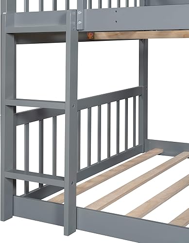 Miniatura 8 de Literas triples con tobogán 3 literas de tamaño matrimonial sobre matrimonial cama triple con escalera incorporada marco de litera triple de madera