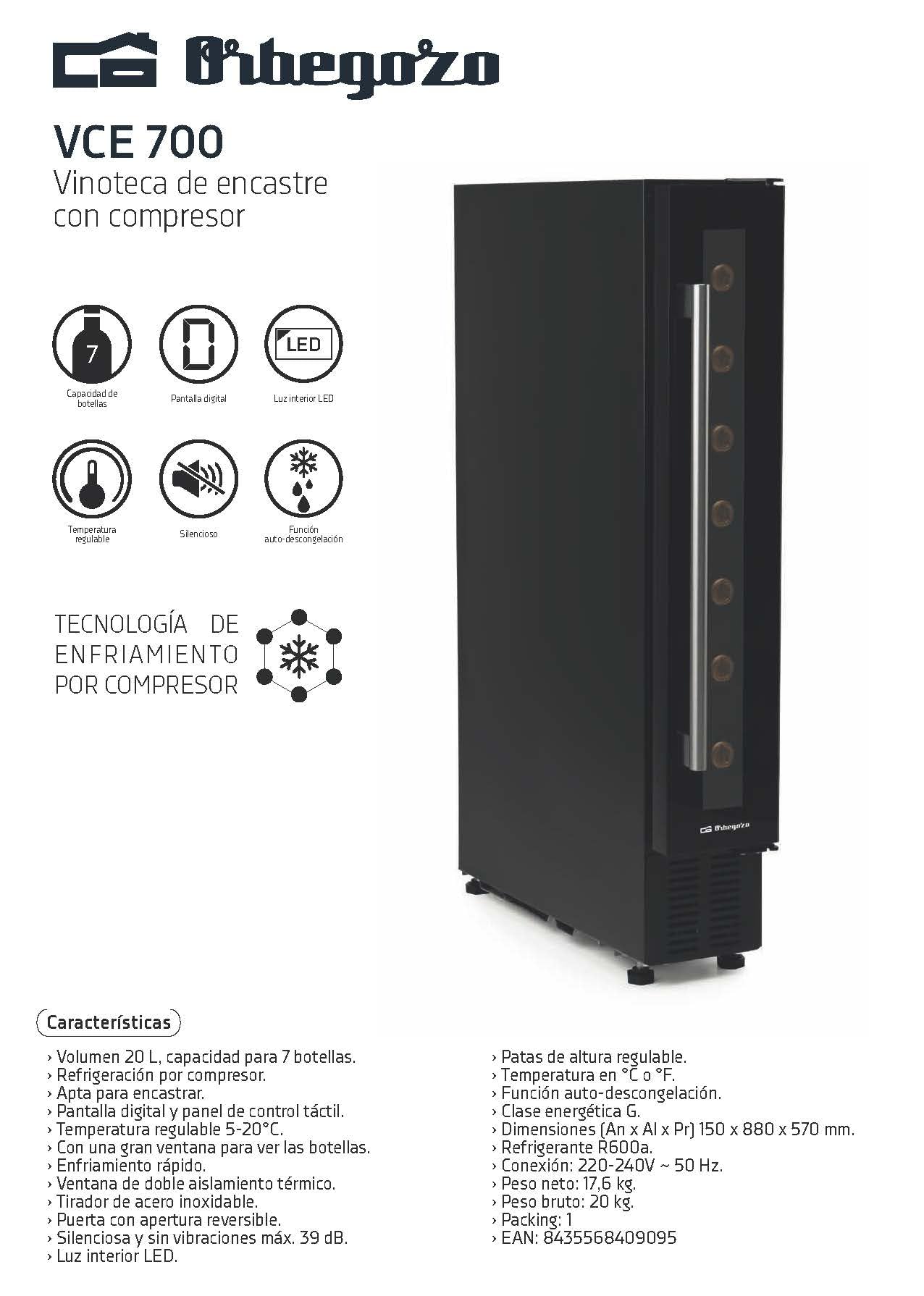 Orbegozo Vinoteca para vinos VCE 700, 7 botellas, 20 litros, refrigeración por compresor, negro, apta para encastrar.