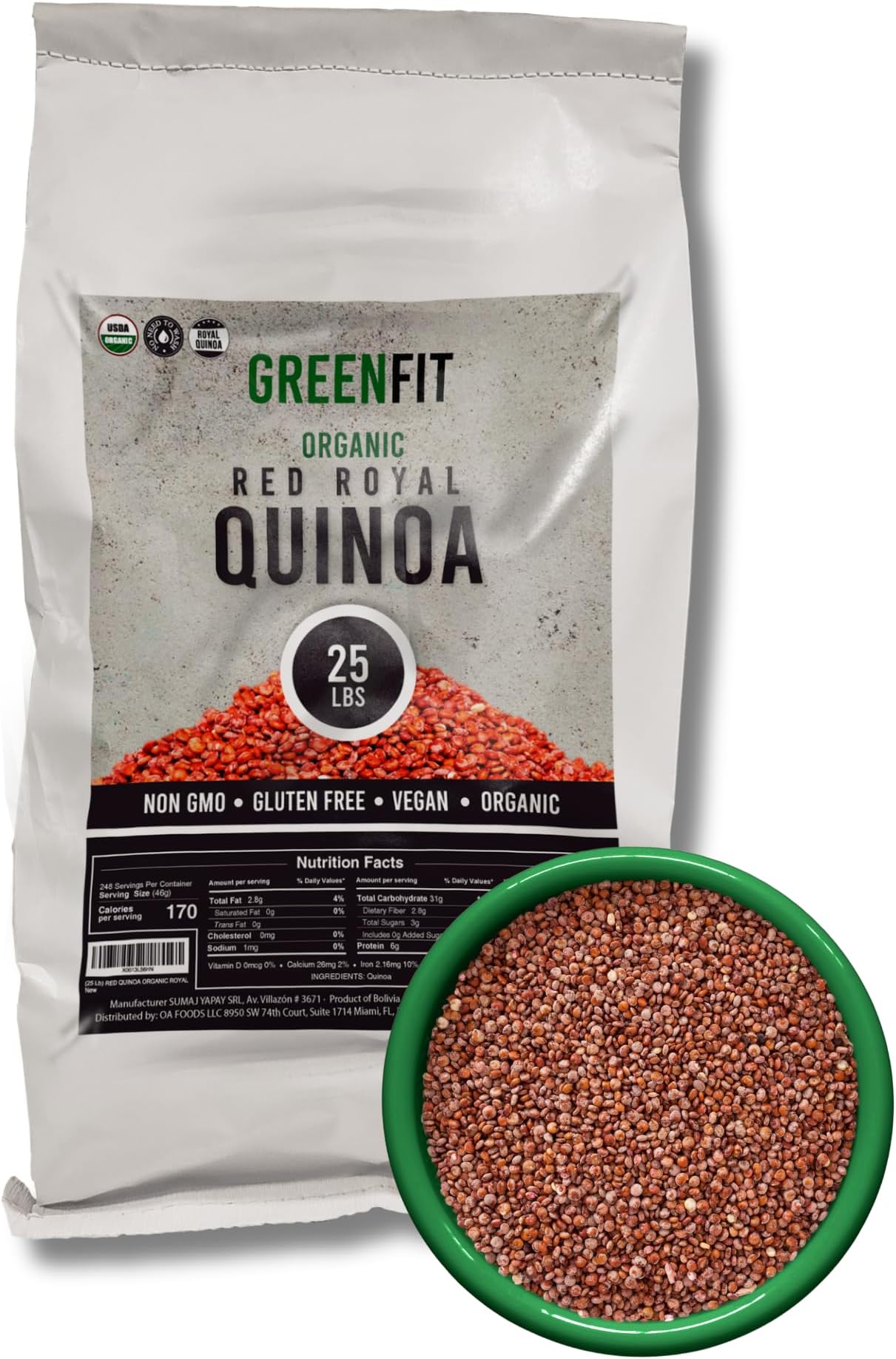 Greenfit Royal Organic Red Quinoa | Non-GMO, Gluten-Free, Vegan, and Organic | Complete Protein, High Fiber, Low-Calorie Red Quinoa | (25 Pound - Pack of 1)