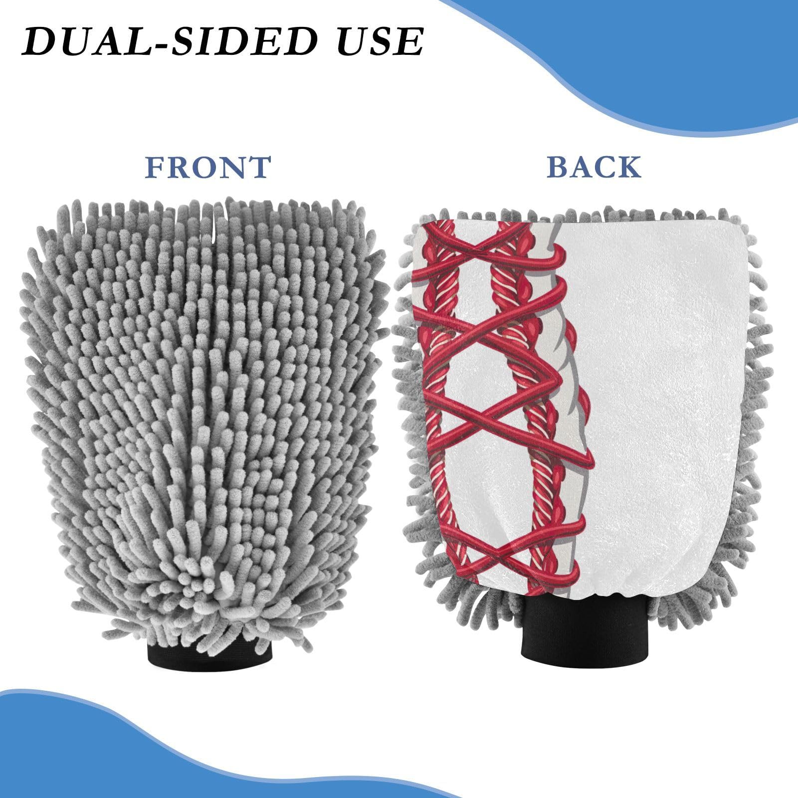 Kigai Baseball Stripes Car Wash Mitt Microfiber, 2Pcs Scratch Free Lint-Free, Premium Chenille Microfiber Mitt Car Wash Brush-M