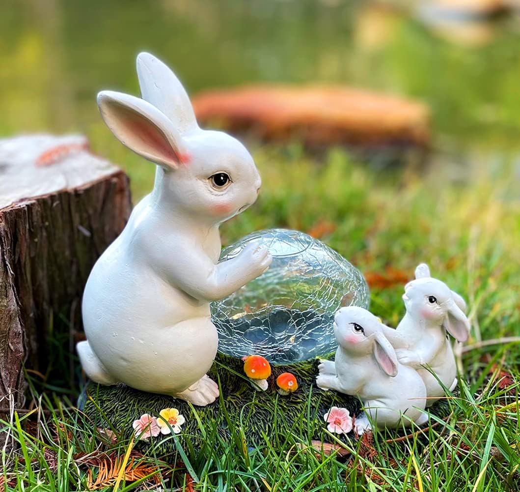 Solar Powered Family of Bunnies Outdoor LED Garden Light Decor, Garden Ornament (Bunnies Family on a Lawn)