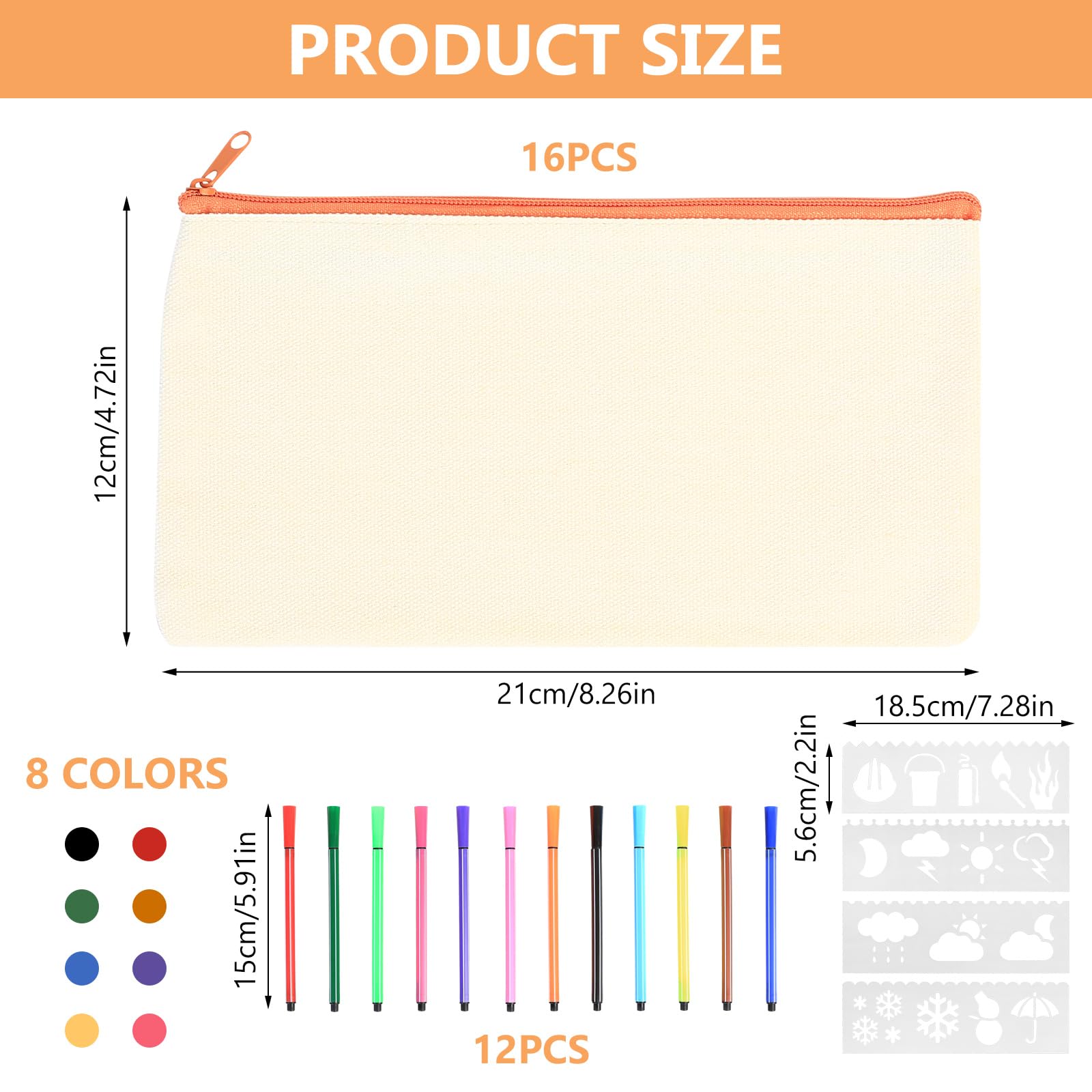 ZHENGYYUU 16 Pcs Blank Canvas Pencil Cases for DIY Painting Cotton Zipper Craft Bags with 12 Colour Pens & 8 Stencils (8.3 x 4.7 in) - Image 2