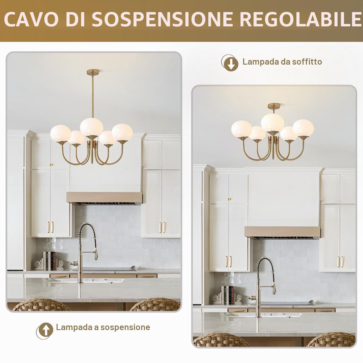KCO Lighting Lampadario Sputnik Oro con Sfere Vetro Bianche,5 Luci E27 Plafoniera Soffitto Vintage, Lampadario da Soffitto Moderno Regolabile per Camera da letto Soggiorno Cucina
