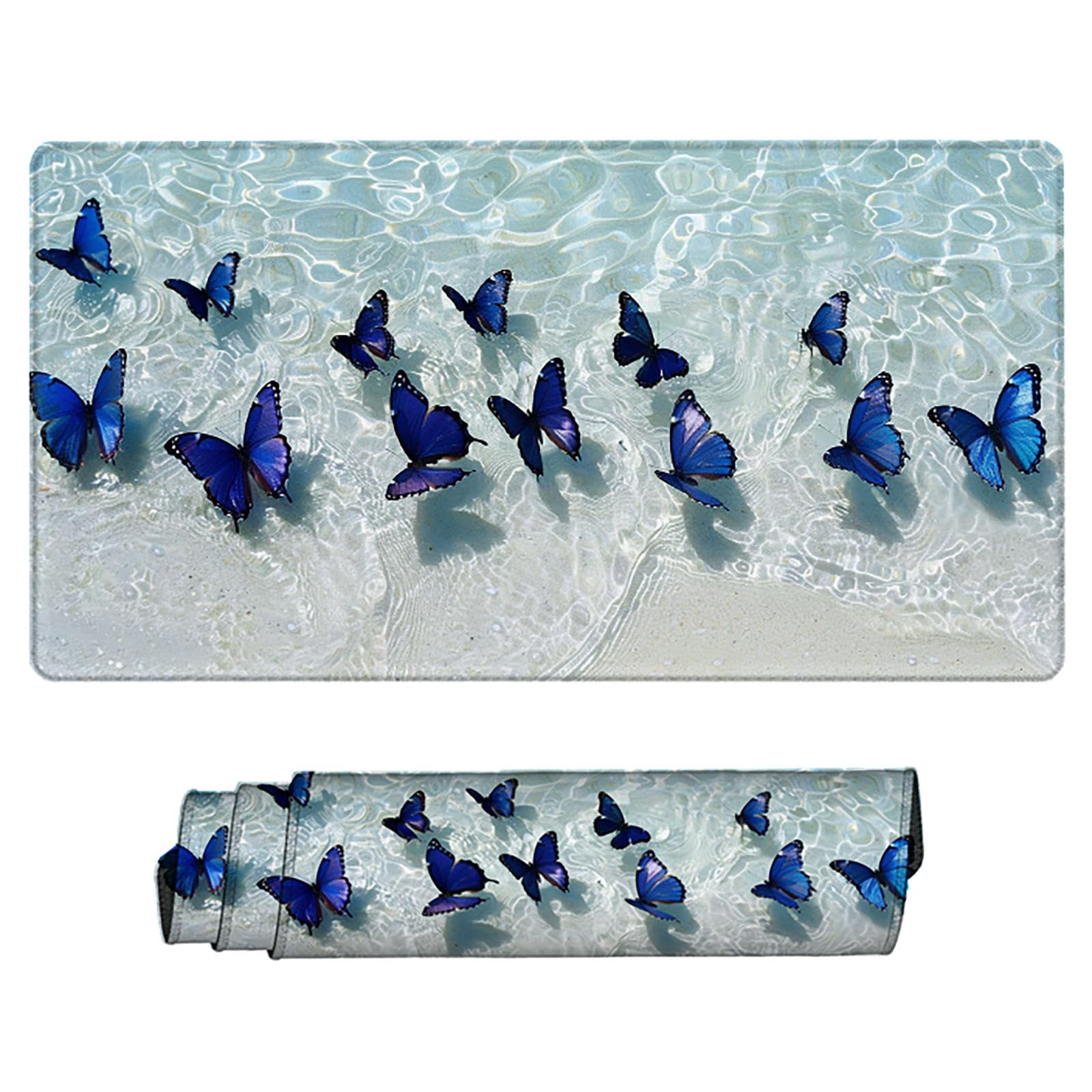 Niebieska podkładka pod mysz XXL, podkładka na biurko, 1200 x 600 cm, szyte krawędzie, podkładka pod mysz, gumowa podstawa, motyl, podkładka pod mysz, stabilna przyczepność na gładkich powierzchniach,