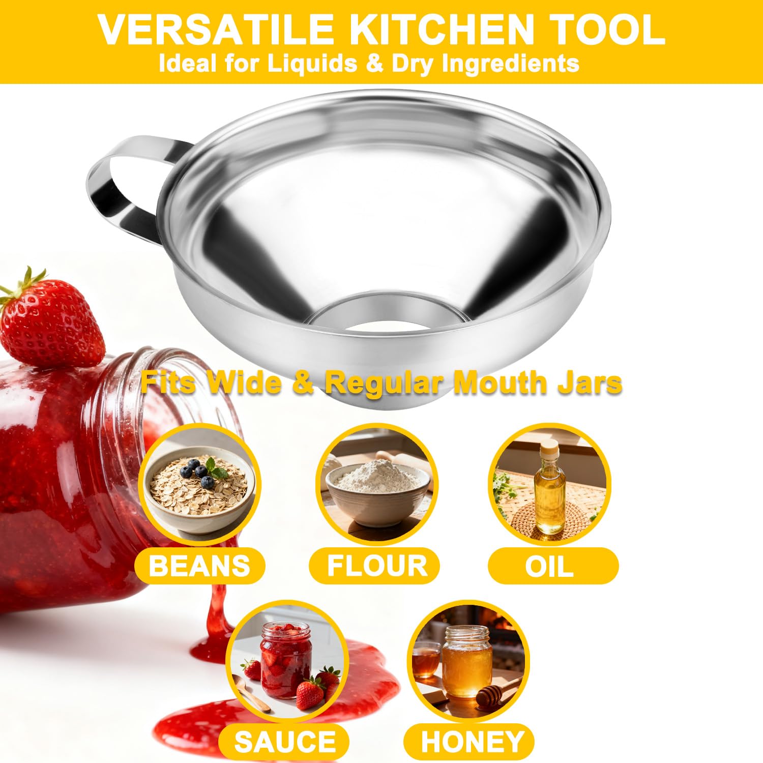 Stainless Steel Canning Funnel with Strainer, 3 Piece Wide & Regular Mouth Jar Funnels Set, Large & Small Metal Funnels with Detachable Umbrella Strainer, for Mason Jars, Jam, Liquids, Dry Goods