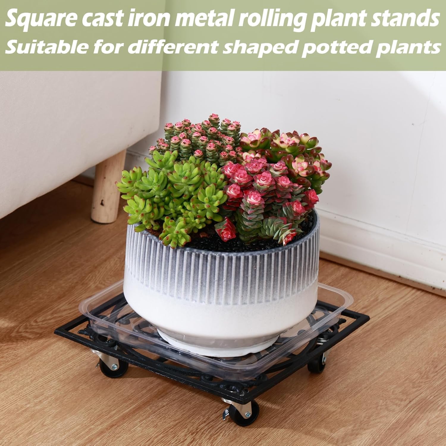 2 Packs 12" Square Metal Plant Caddy with Wheels Large Heavy-Duty Cast Iron Planter Dolly Pot Mover, Indoor Outdoor Vintage Rolling Plant Stands with Casters Wheeled Plant Roller Base, Rustproof Black