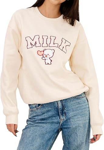 Milkmochabear Official Oversized Varsity Crewneck Casual Unisex Sweatshirt Soft Embroidered Men Women