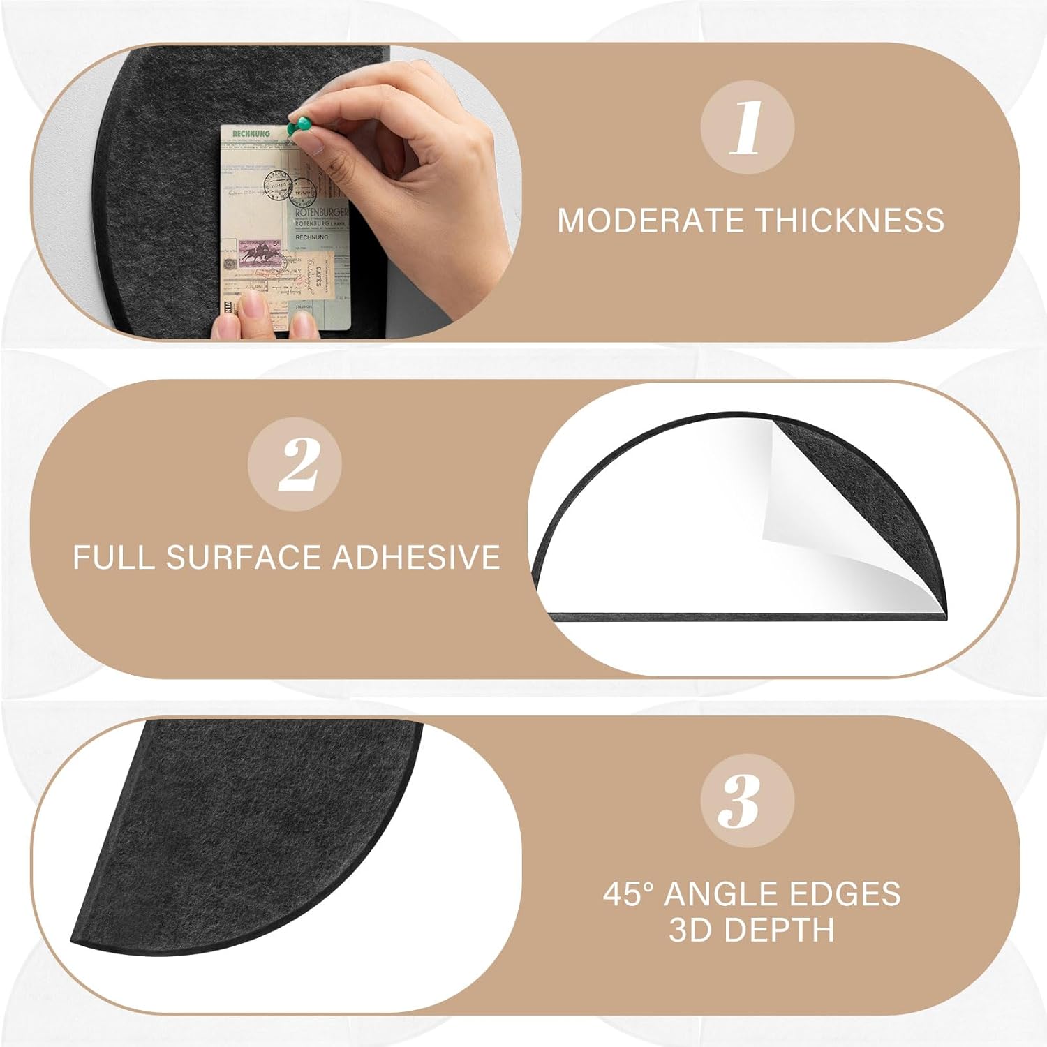 Mindsoft 24 Pack Decorative Bulletin Board Felt Wall Tiles Bulk 11.8"x5.9" Semi-Circle Large Wall Art with Removable Adhesive Tabs for Customizable DIY Home Office Decoration Gift (Black)