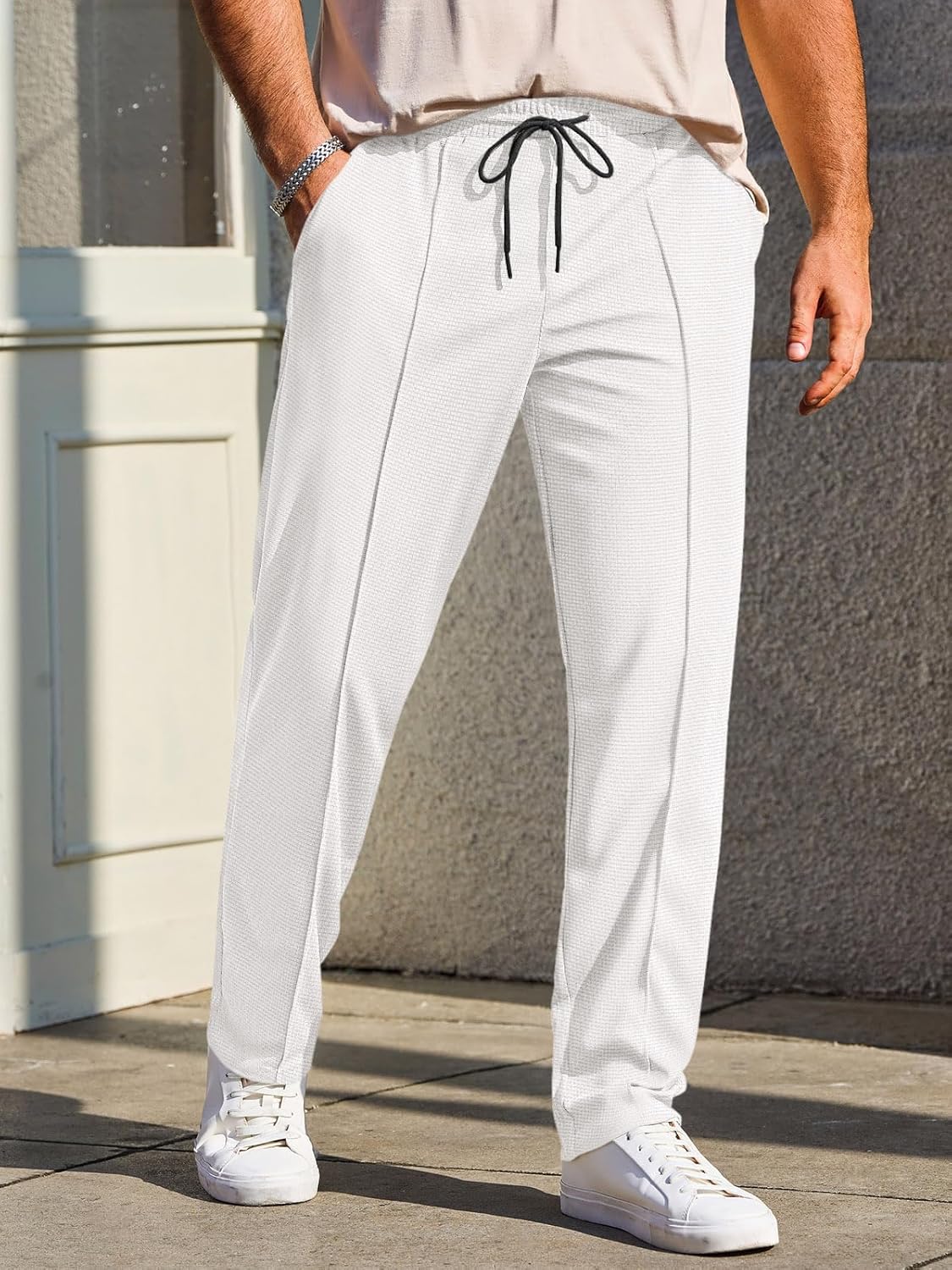 Runcati Mens Casual Sweat Pants Pleated Drawstring Elastic Waist Waffle Straight Leg Joggers Sweatpants with Pockets - Image 2