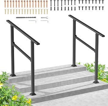 DOEWORKS 3 Steps Outdoor Handrail 2 Pack Heavy Duty Metal Stair Railing