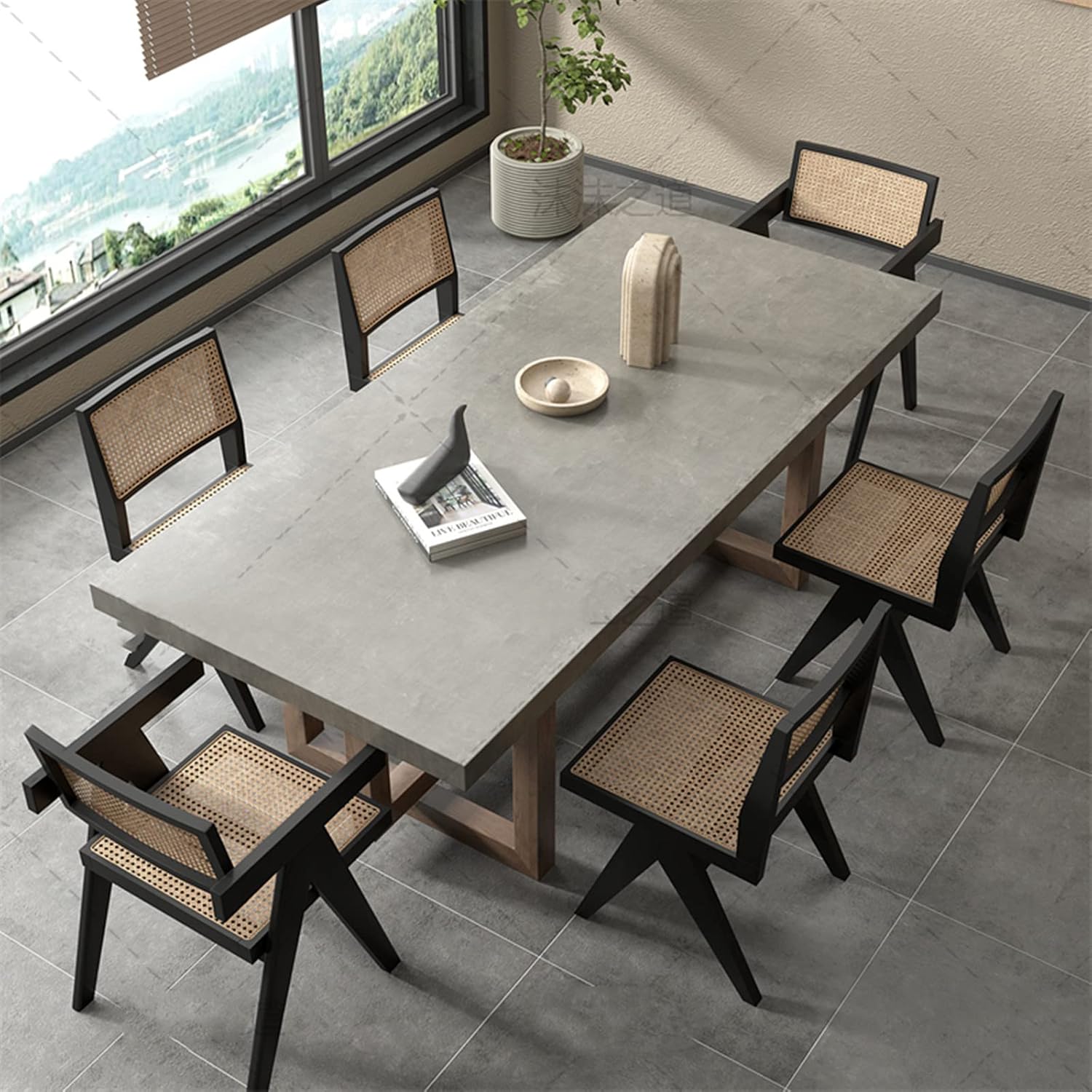 Modern Concrete Grey Dining Table for 6 with Rectangle Wooden Tabletop