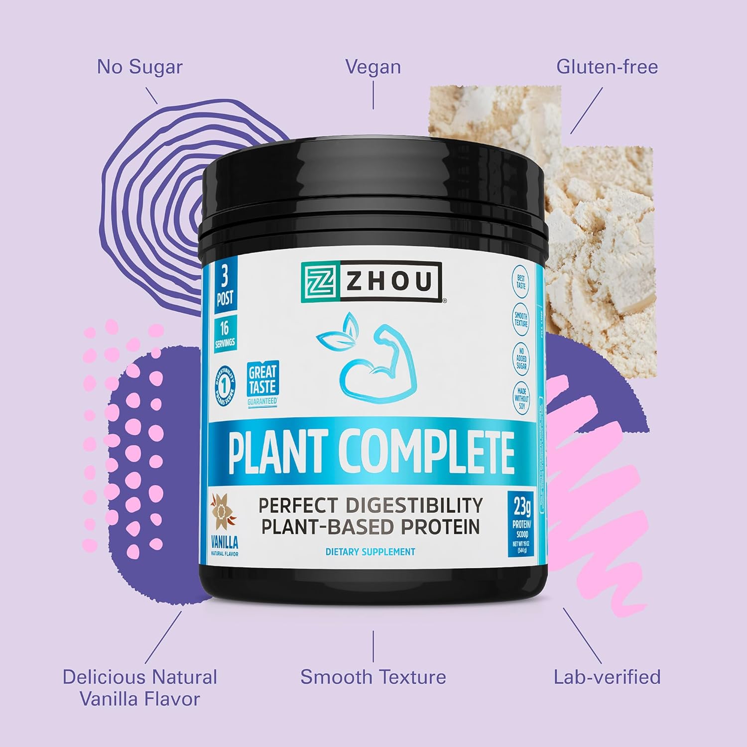 Zhou Plant Complete Vegan Protein Powder - Plant Based Protein Powder for Women & Men, Non Dairy Rice & Pea Protein Blend for Smoothies and Shakes, 21g Per Serving - Vanilla, 17.7oz (16 Servings) - Image 4