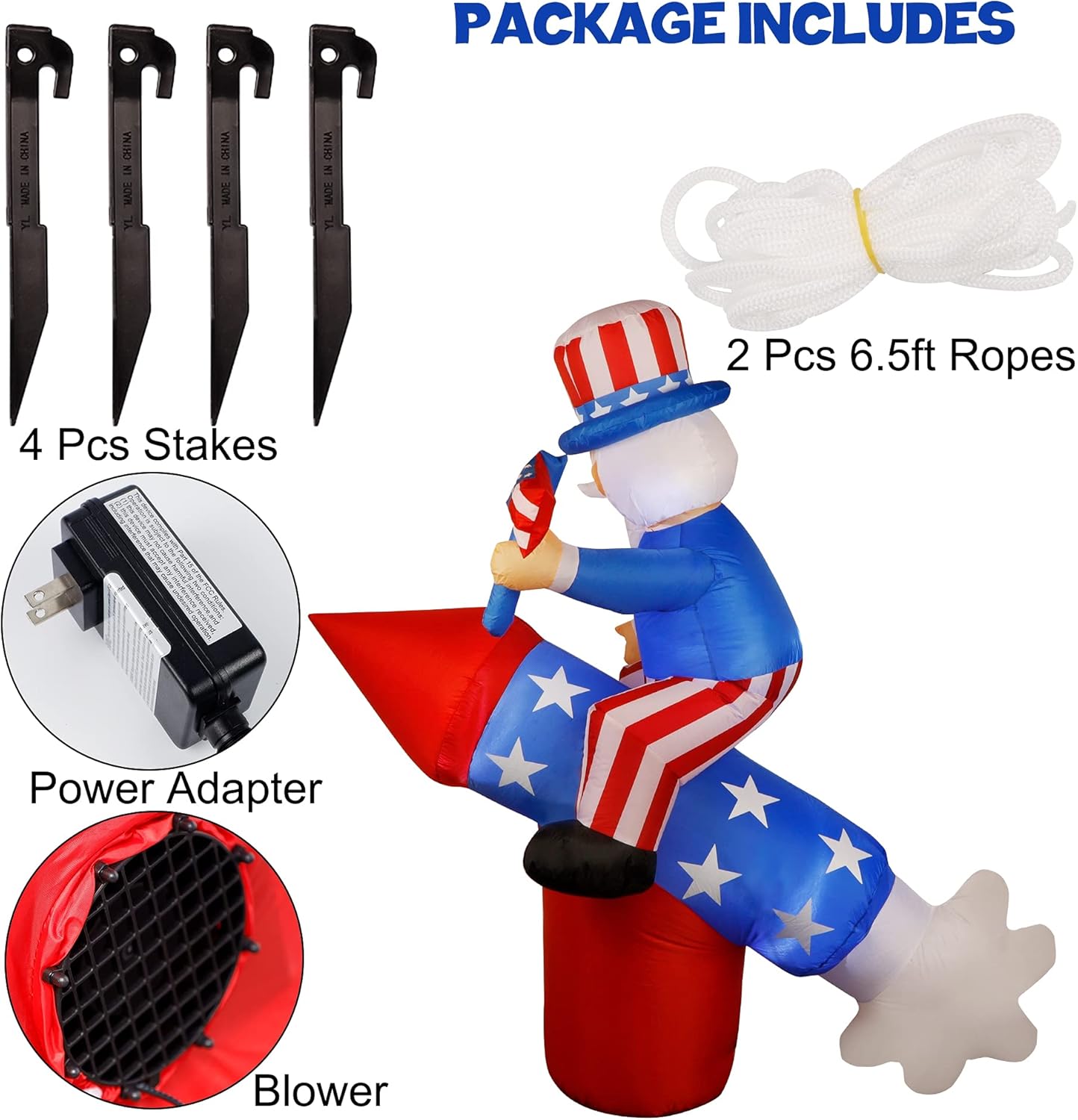 ATDAWN 5.6 FT Patriotic Independence Day 4th of July Inflatable Uncle Sam on Rocket, LED Blow Up Lighted Holiday Party Decorations for Indoor Outdoor Home Celebration Garden Yard Photo Prop