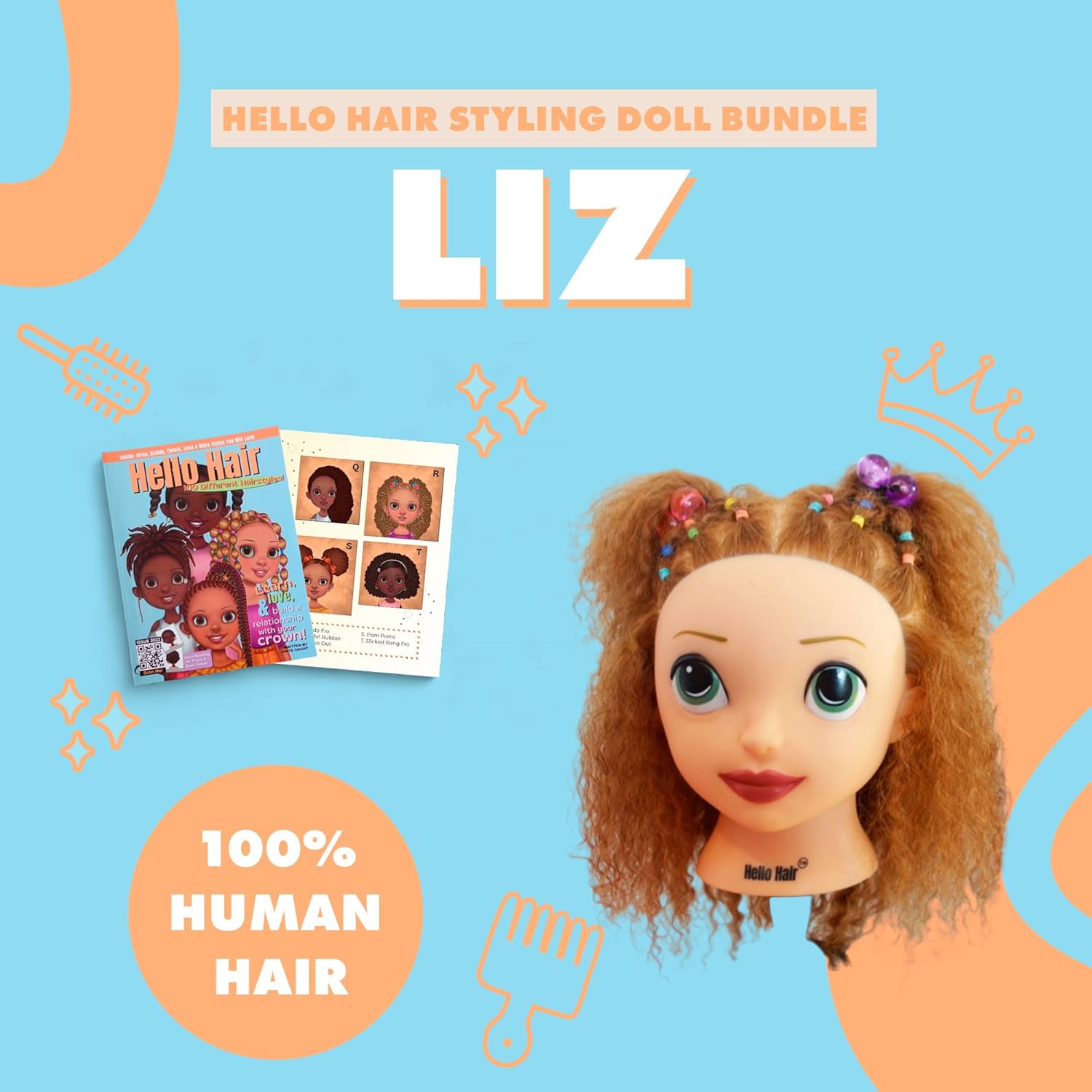 Hello Hair Dolls Liz Real Hair Styling Head Doll Bundle, Light Brown/Blonde Hair Color, 4b (s-curl) Hair Type, Professional Grade 100% 12-inch Human Hair Training Mannequin (Book+Styling Doll Head)