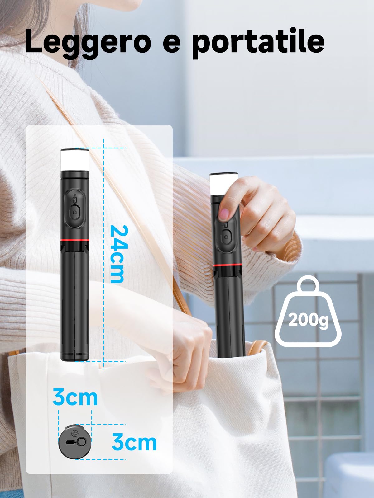 Moman Selfie Stick Treppiede con Luce di Riempimento, Q12S Treppiede Portatile Supporto per Telefono 77CM Supporto in Alluminio per Smartphone