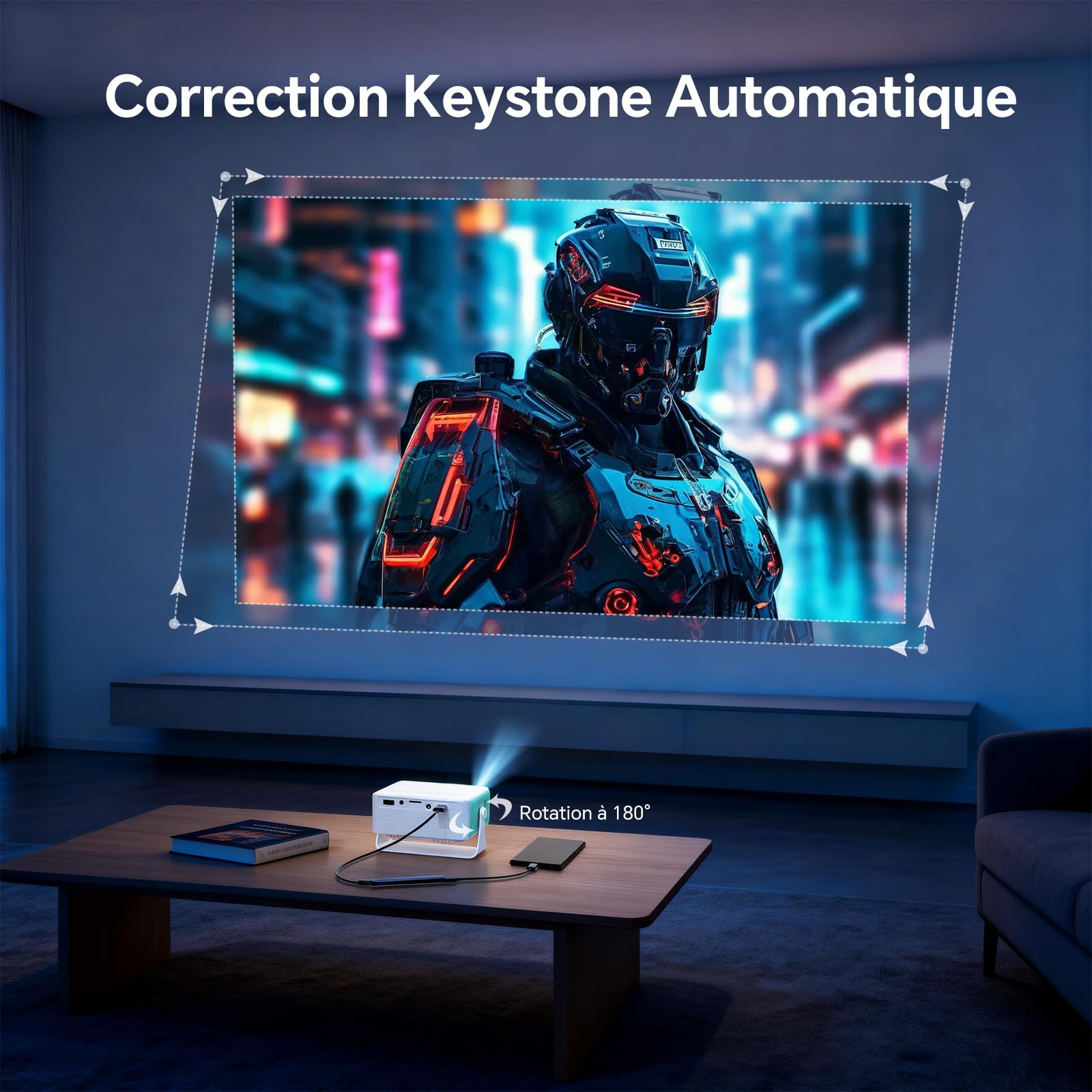 WOLFANG Vidéoprojecteur Portable Mini, Retroprojecteur pour Chambre, Compatible Full HD 1080P, Correction Keystone Automatique, Zoom 50% et Rotation 180°, iOS/Android/TV Stick