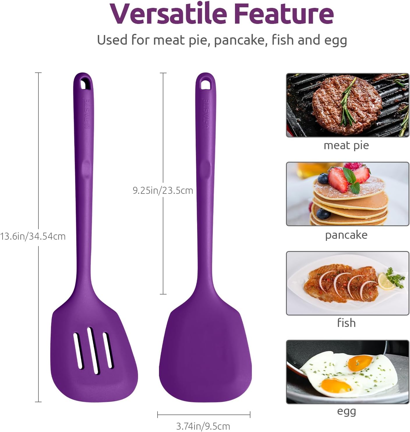 U-Taste 2PCS 13.6in 600ºF Silicone Turners & 2PCS 11.38in Flat/Spoon Spatulas & 600ºF Silicone Spoons (Purple)