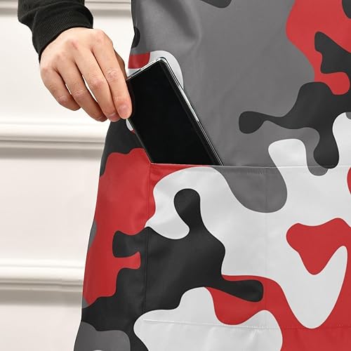 Miniatura 5 de KOPIRIT Delantales de camuflaje rojo y gris para mujeres y hombres con bolsillos, impermeable, delantal de cocina, jardinería, delantal de cocina