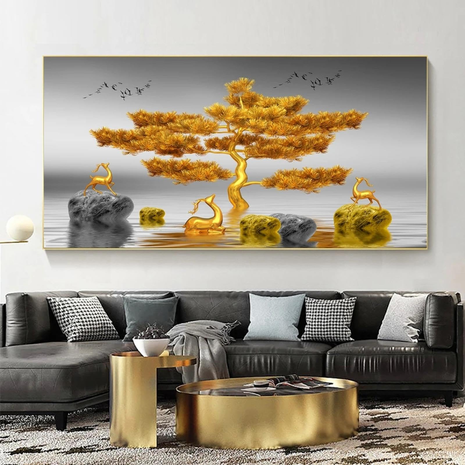 Toile murale arbre élan doré pour décorer un grand mur blanc - 8
