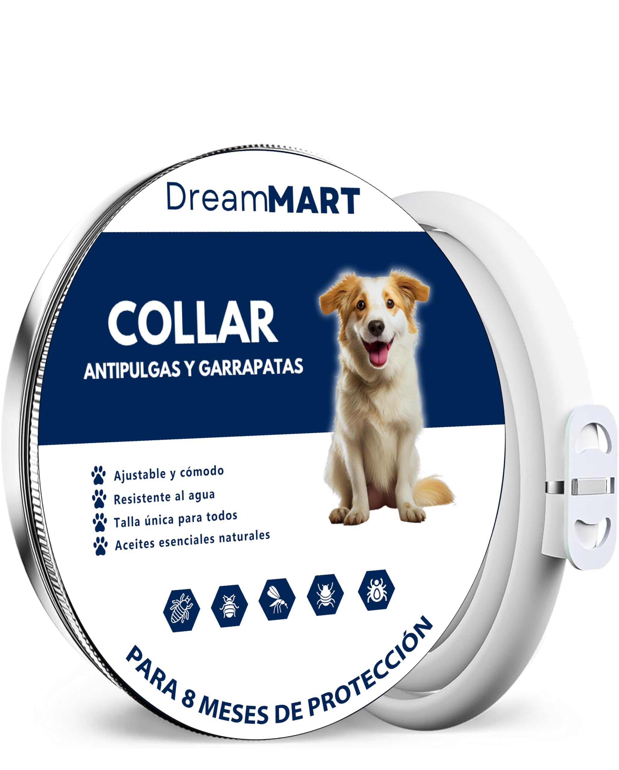 Collar Antiparasitario Perros - Collar Antipulgas Perros, Protección Duradera contra Pulgas y Garrapatas por 8 Meses, Ajustable para Perros de Todos los tamaños, diseño Elegante de 63,5 cm (Blanco)