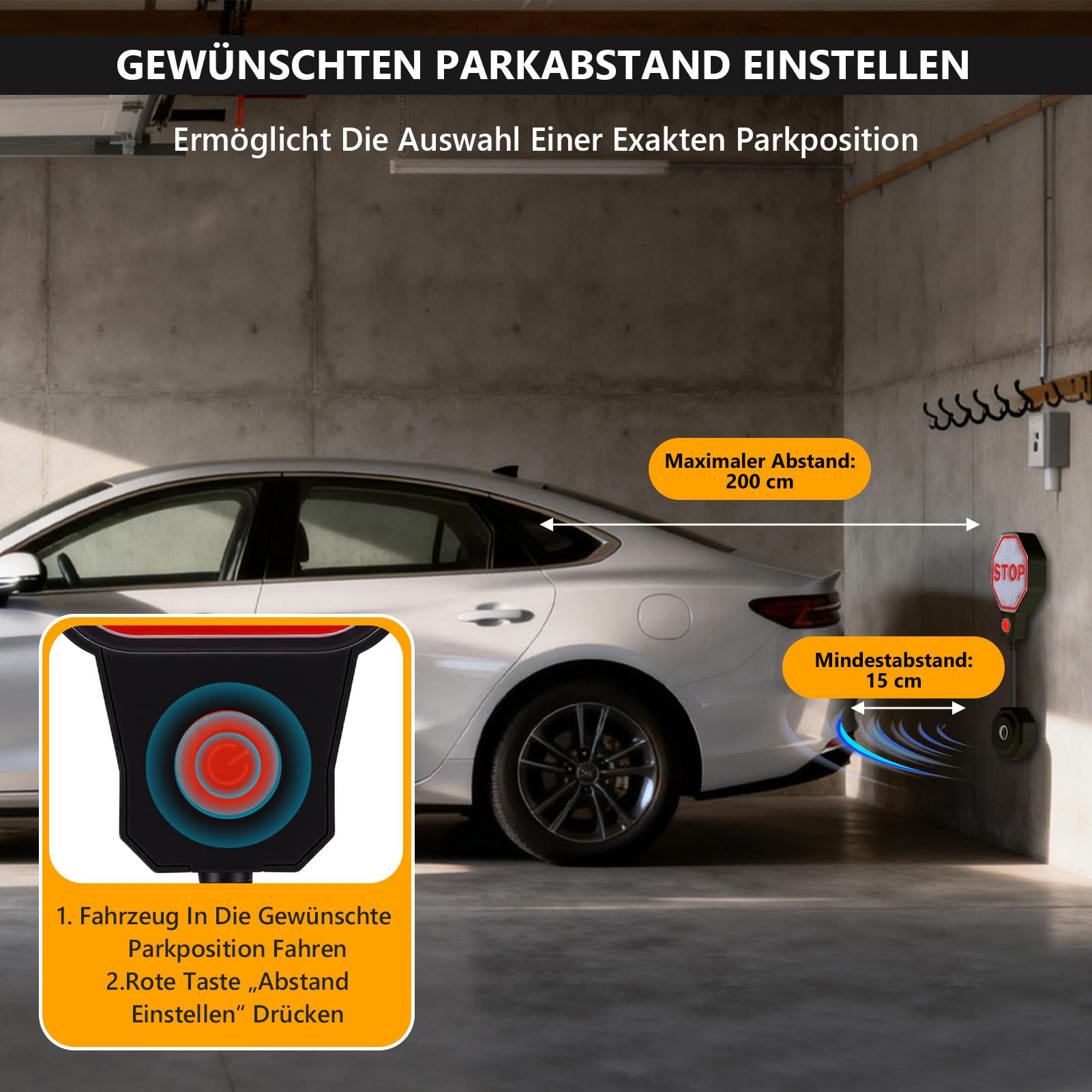 Sensore di parcheggio a ultrasuoni, aiuto parcheggio, garage, misurazione precisa della distanza, segnale di avvertimento a LED, indicatore acustico, regolazione automatica della distanza